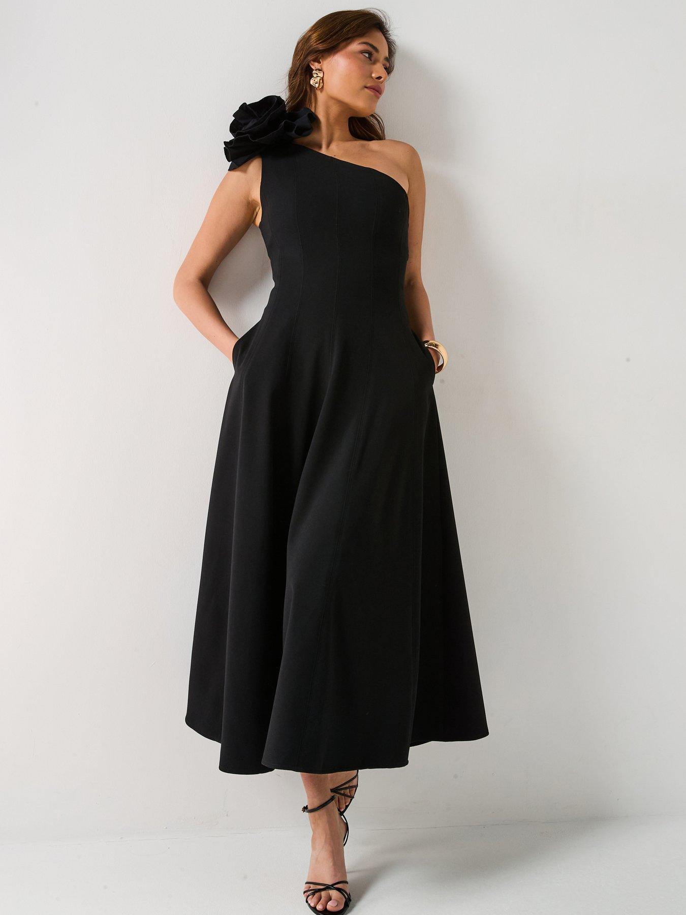 undefined One Shoulder Corsage Midaxi Dress - Black