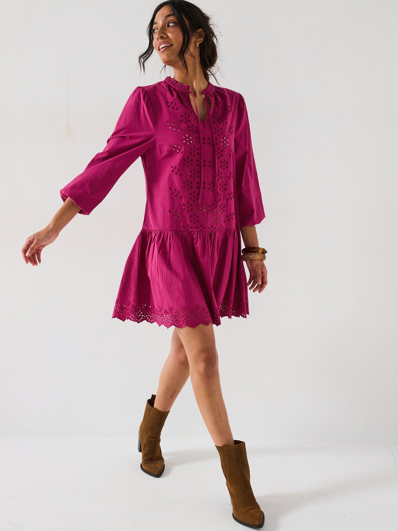  image of v-by-very-tie-neck-broderie-mini-dress-burgundy-red