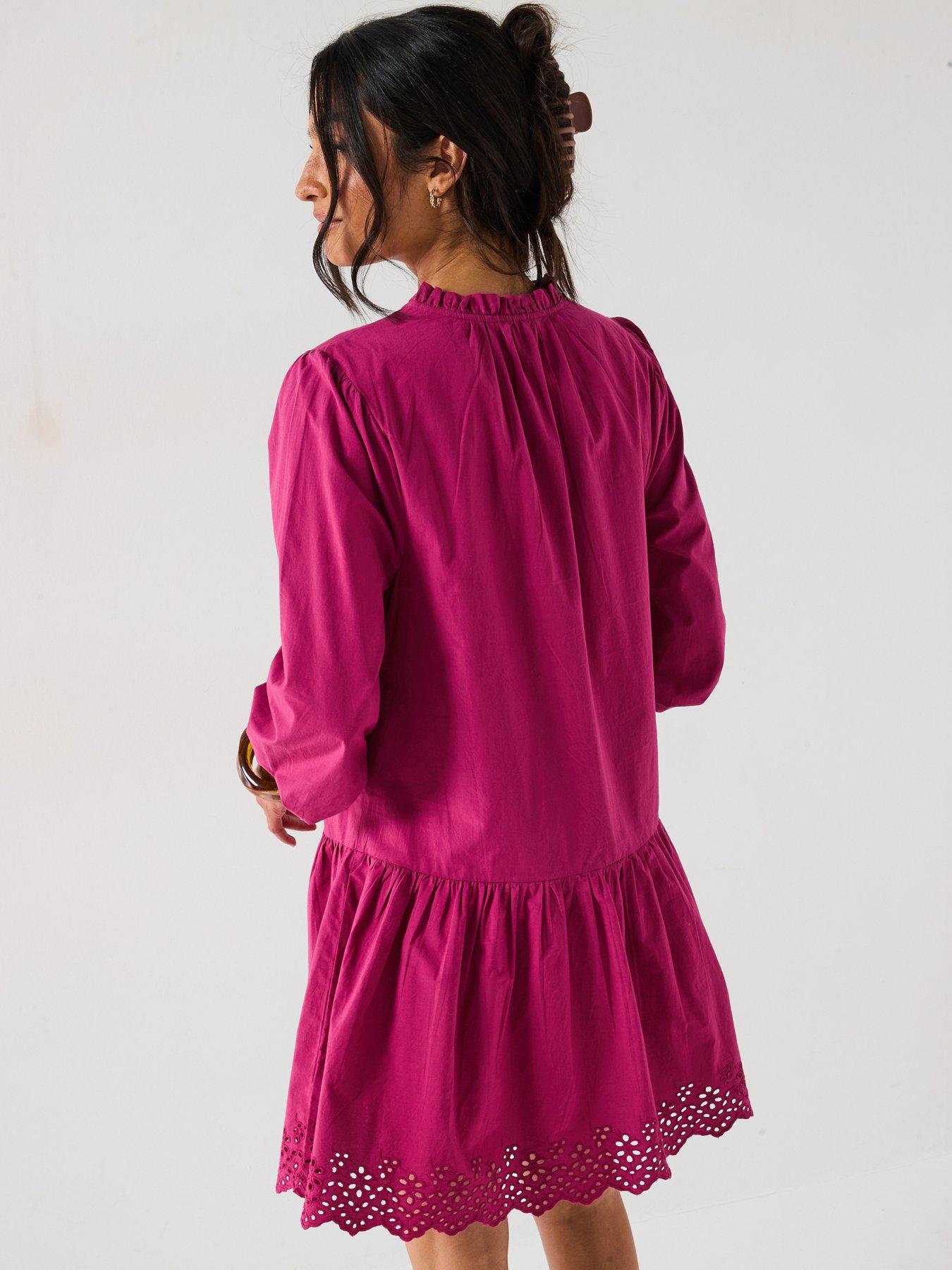  image of v-by-very-tie-neck-broderie-mini-dress-burgundy-red