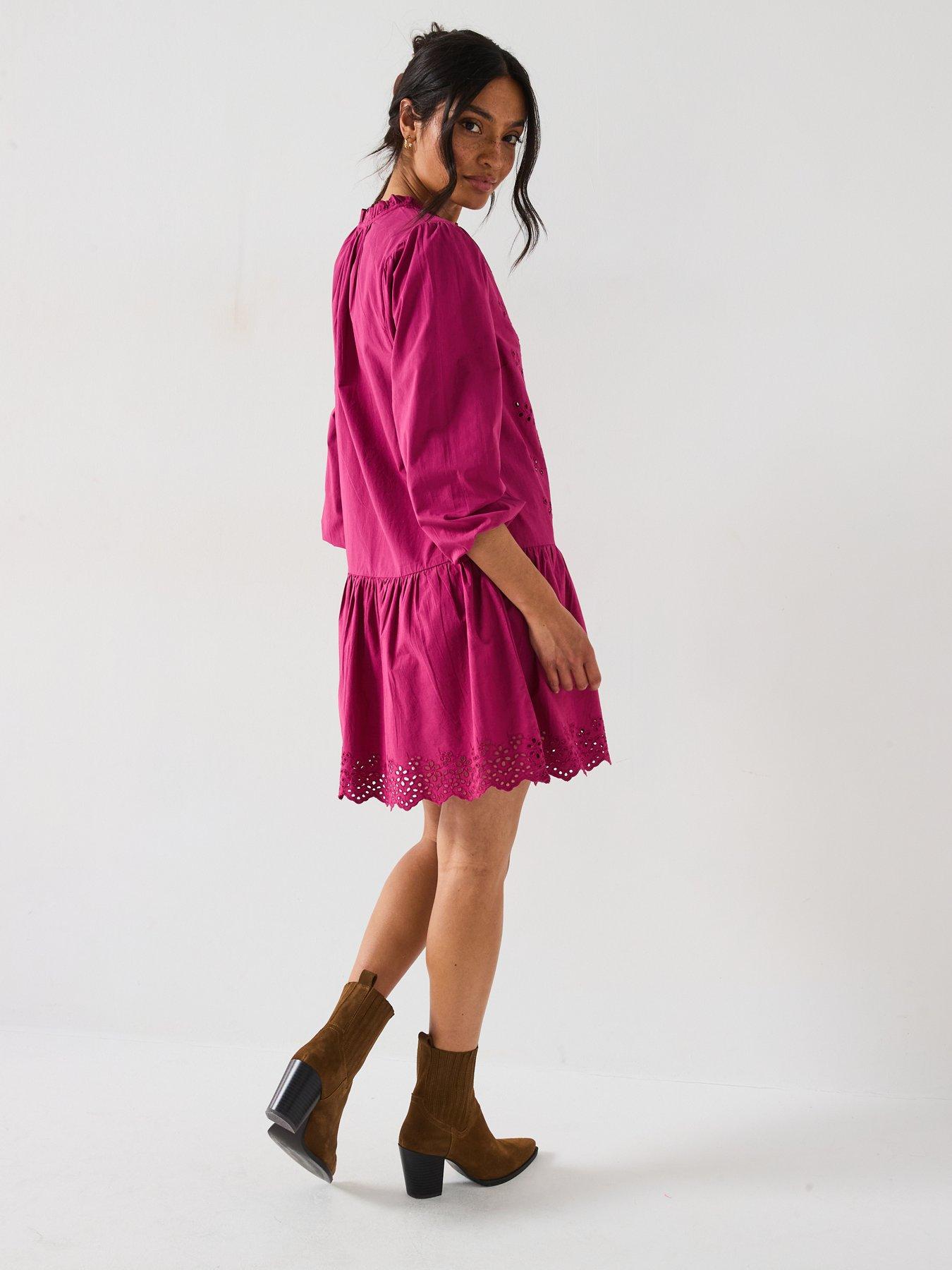  image of v-by-very-tie-neck-broderie-mini-dress-burgundy-red