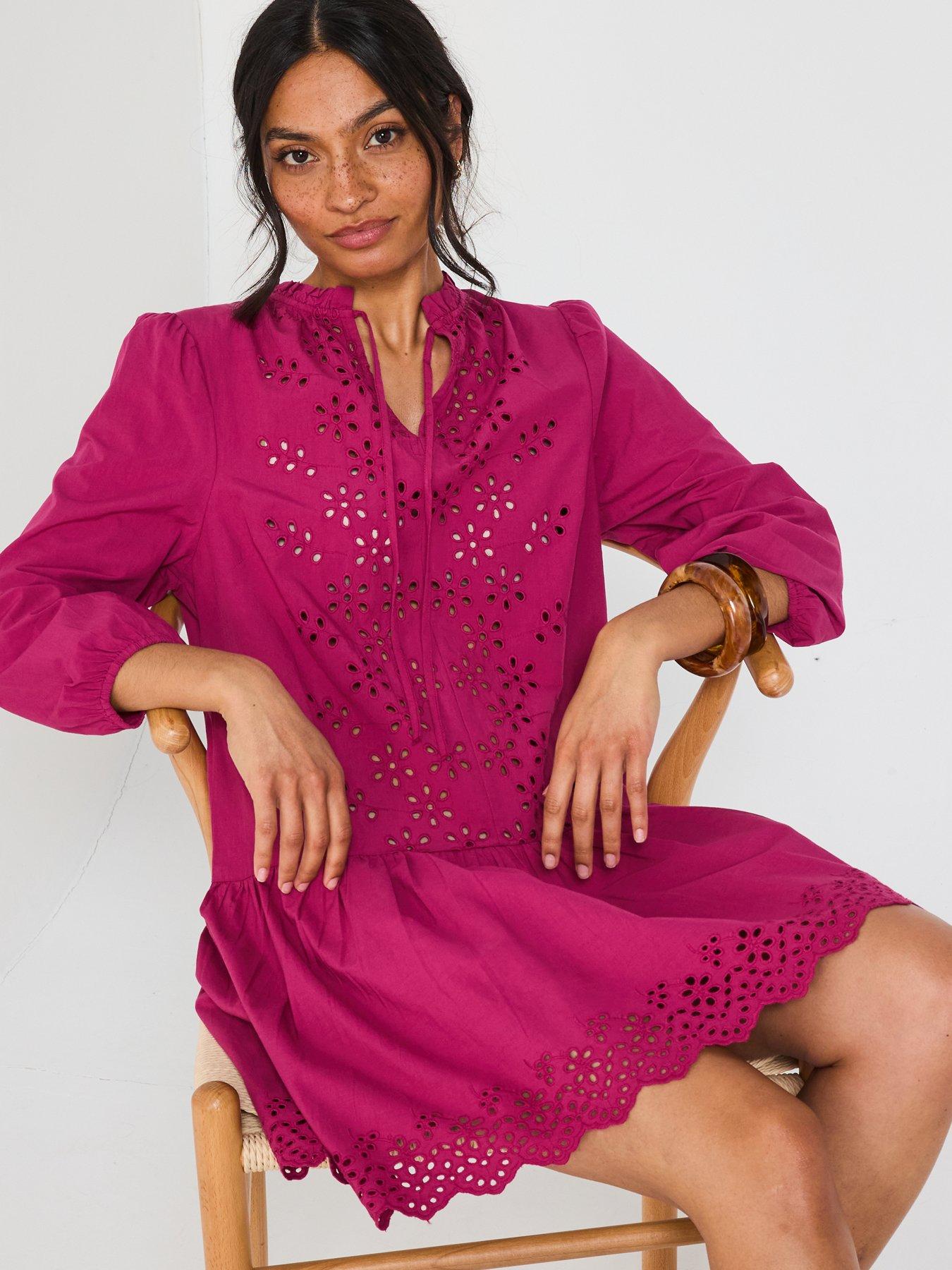  image of v-by-very-tie-neck-broderie-mini-dress-burgundy-red