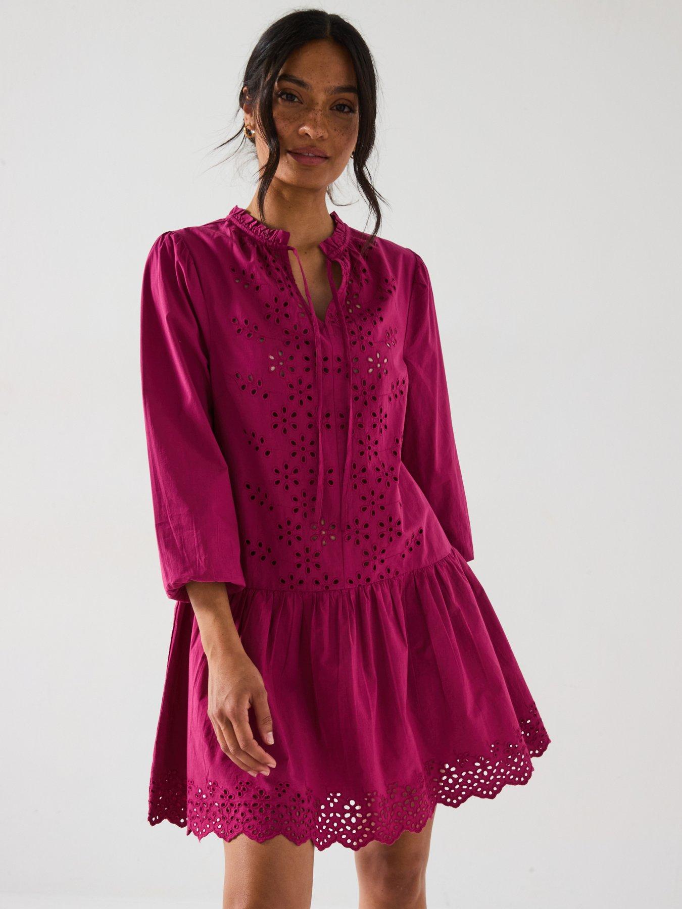  image of v-by-very-tie-neck-broderie-mini-dress-burgundy-red