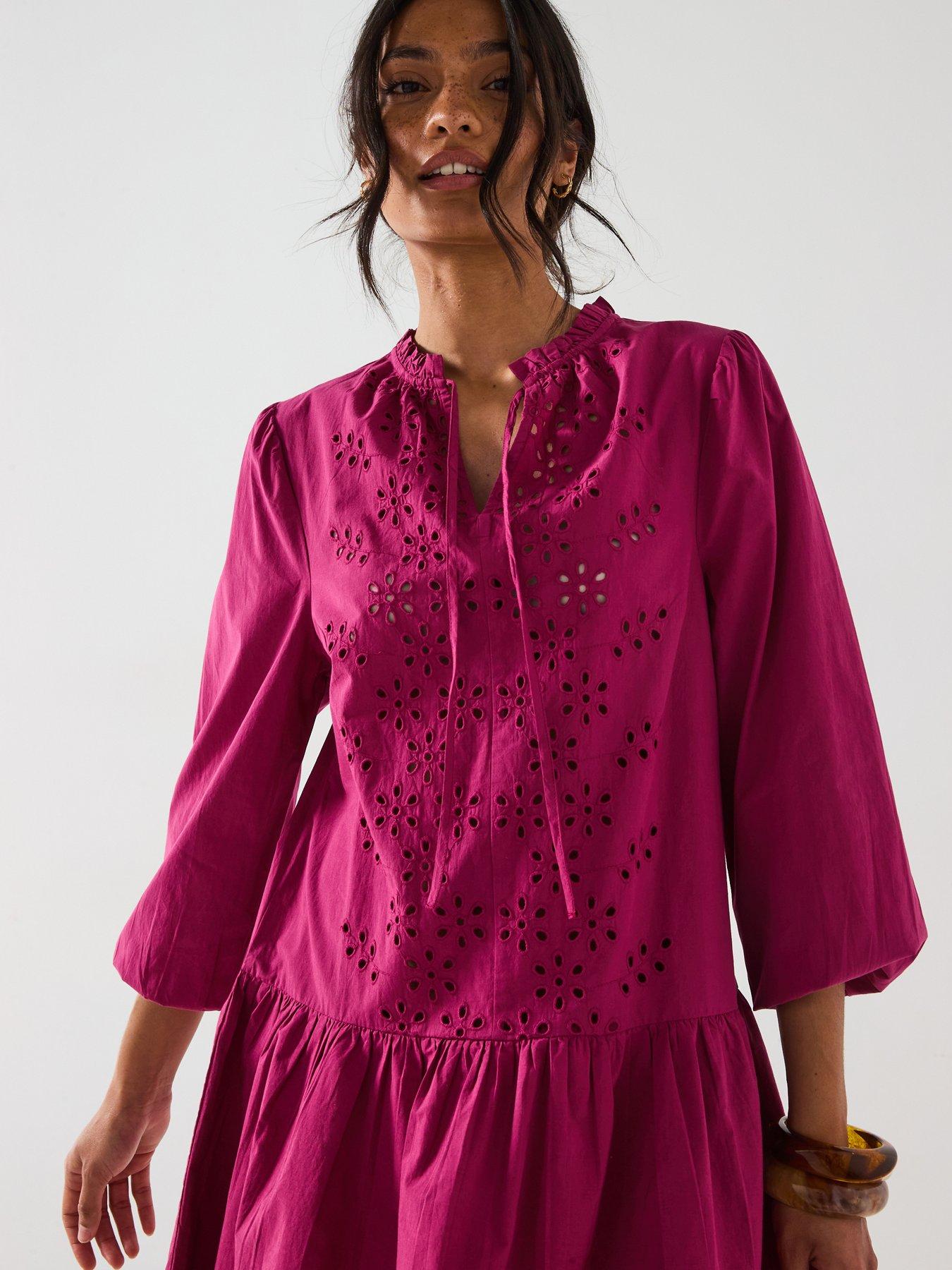  image of v-by-very-tie-neck-broderie-mini-dress-burgundy-red