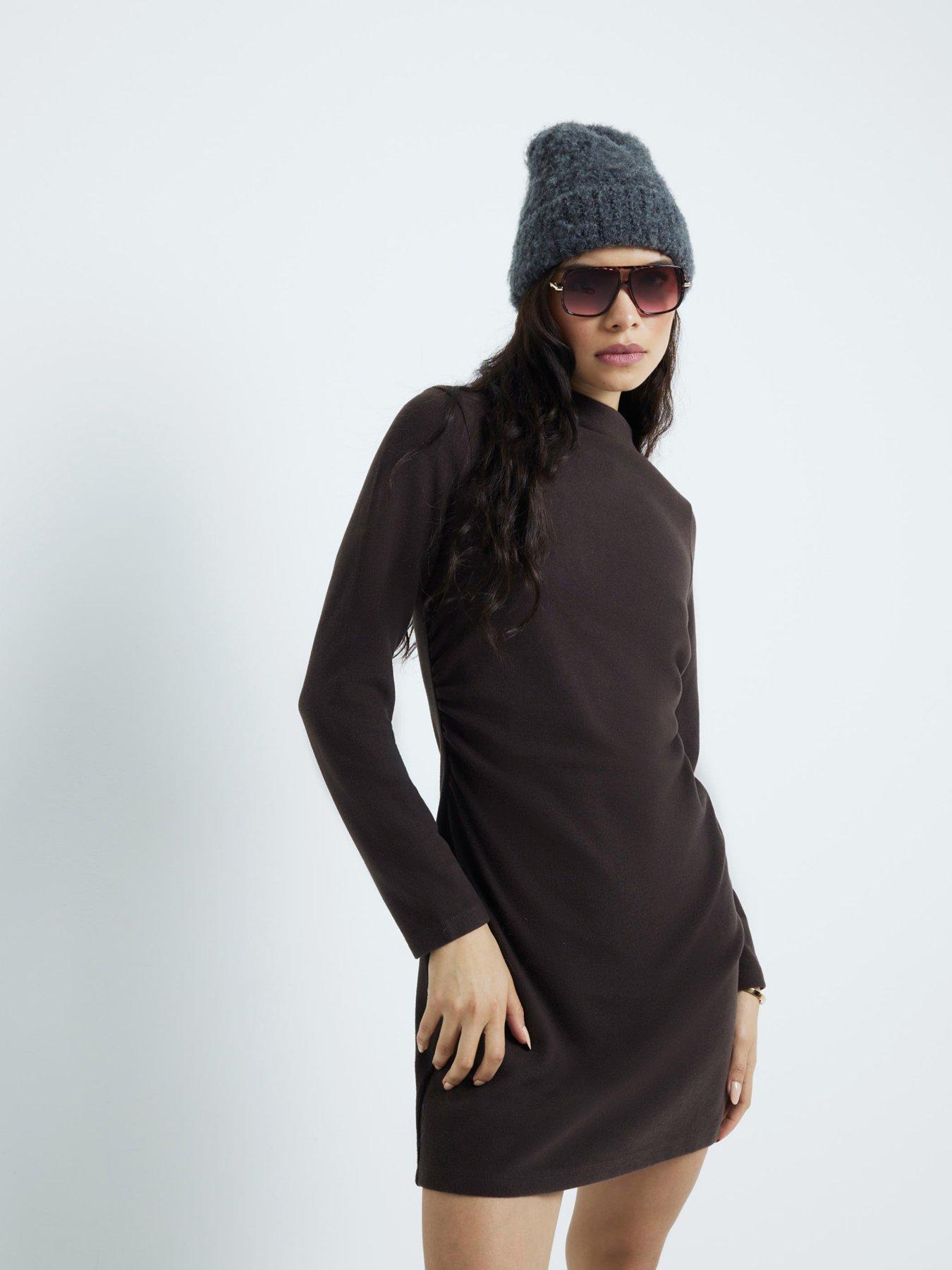 undefined Cosy Ruched Mini Dress - Dark Brown