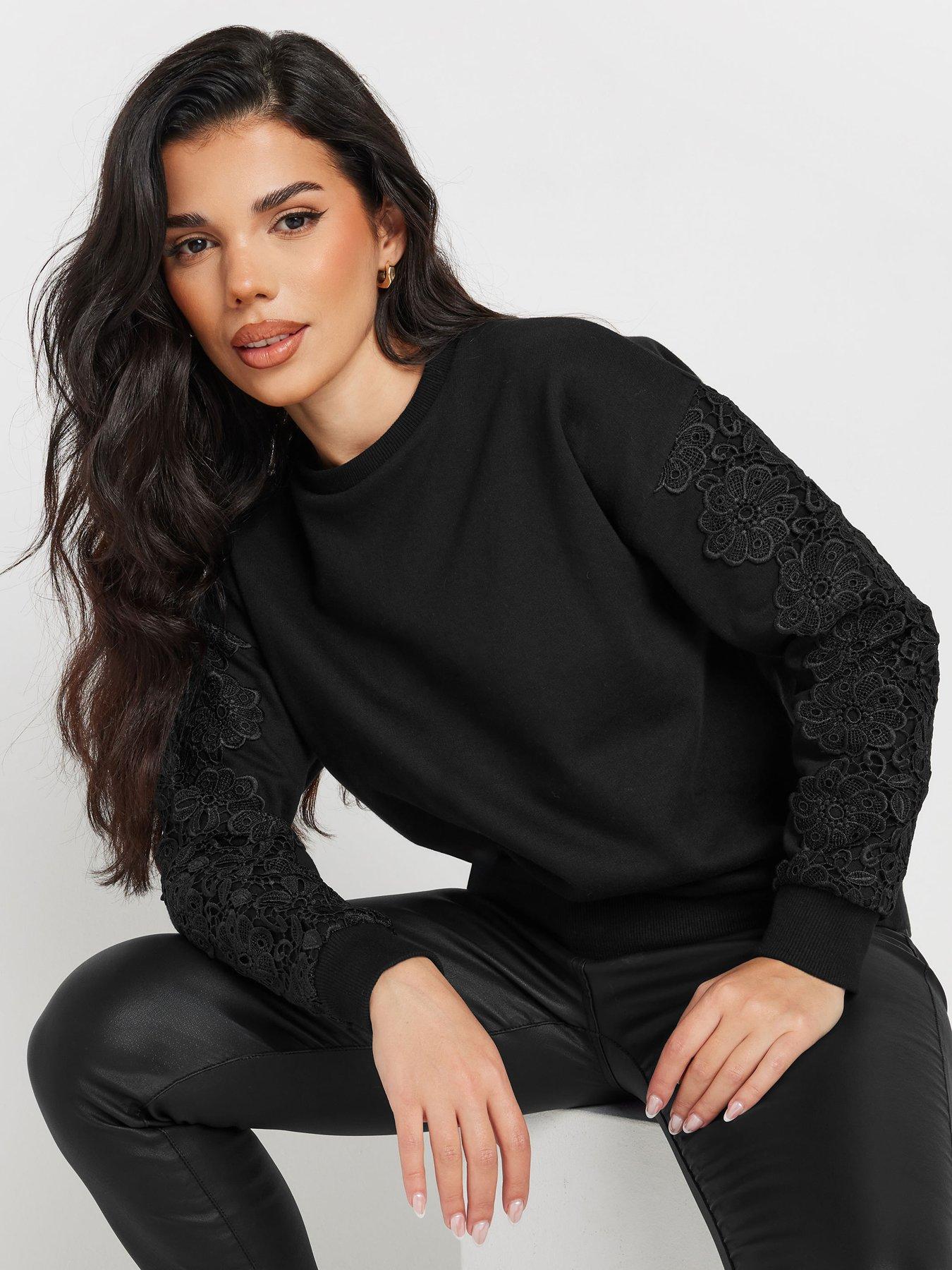  image of pixiegirl-petite-crochet-sleeve-sweatshirt-black