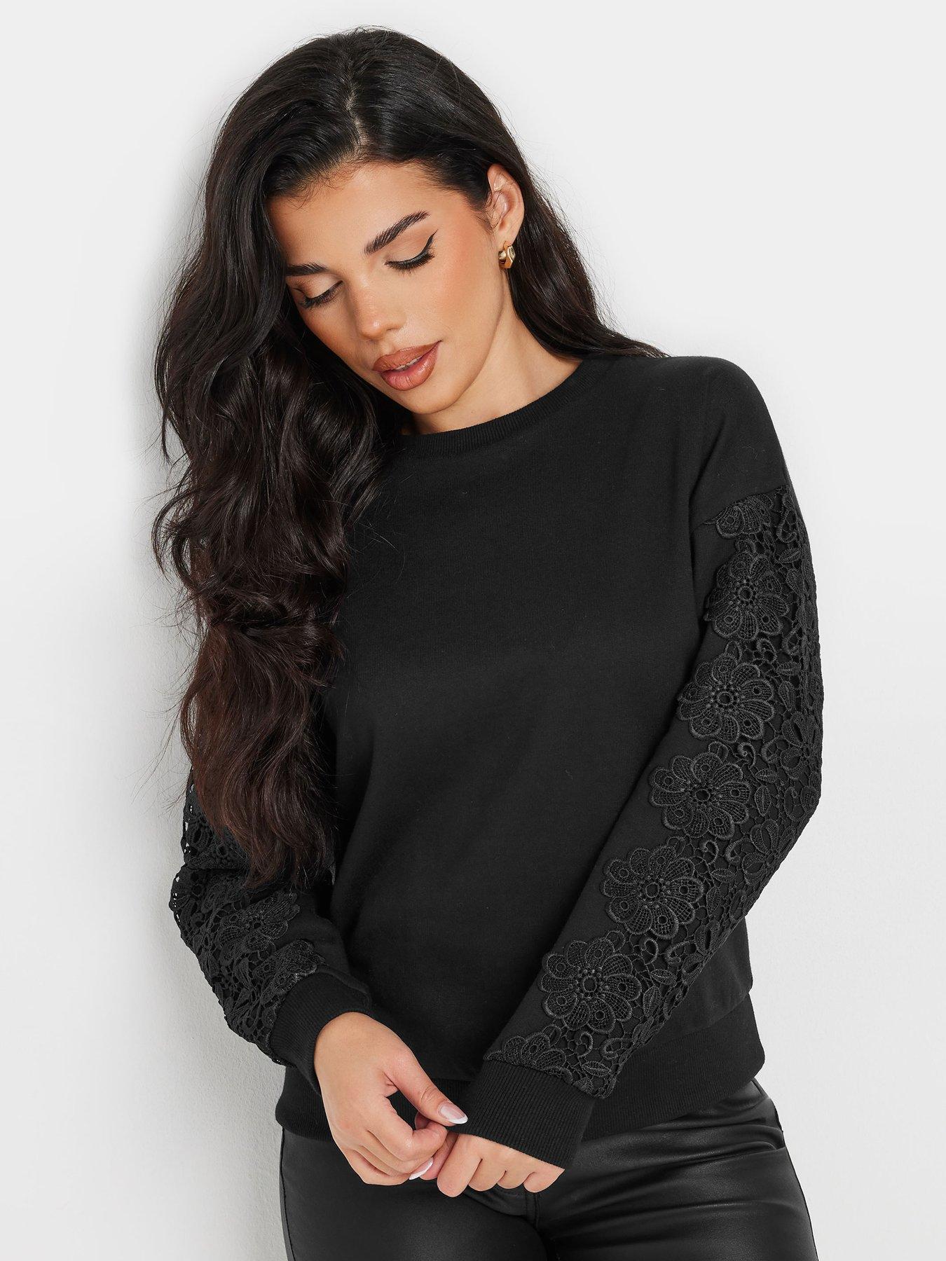  image of pixiegirl-petite-crochet-sleeve-sweatshirt-black
