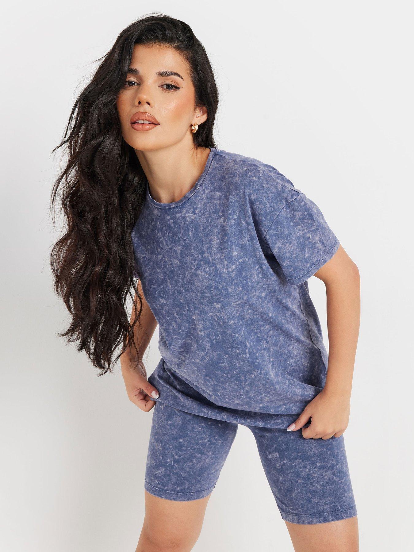 undefined Petite Acid Wash T Shirt  &  Short Set - Blue