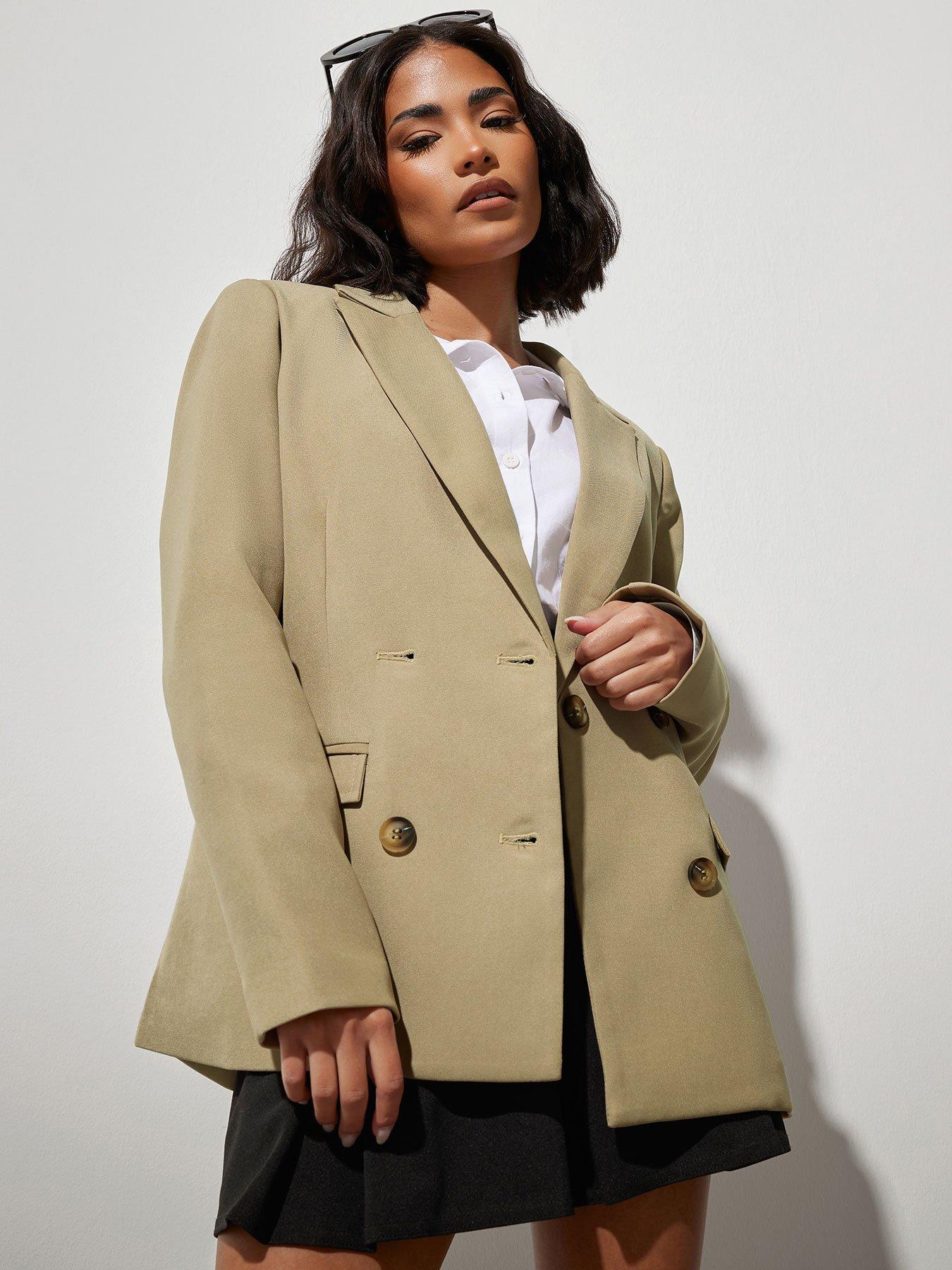 undefined Petite Double Breasted Oversized Blazer - Natural