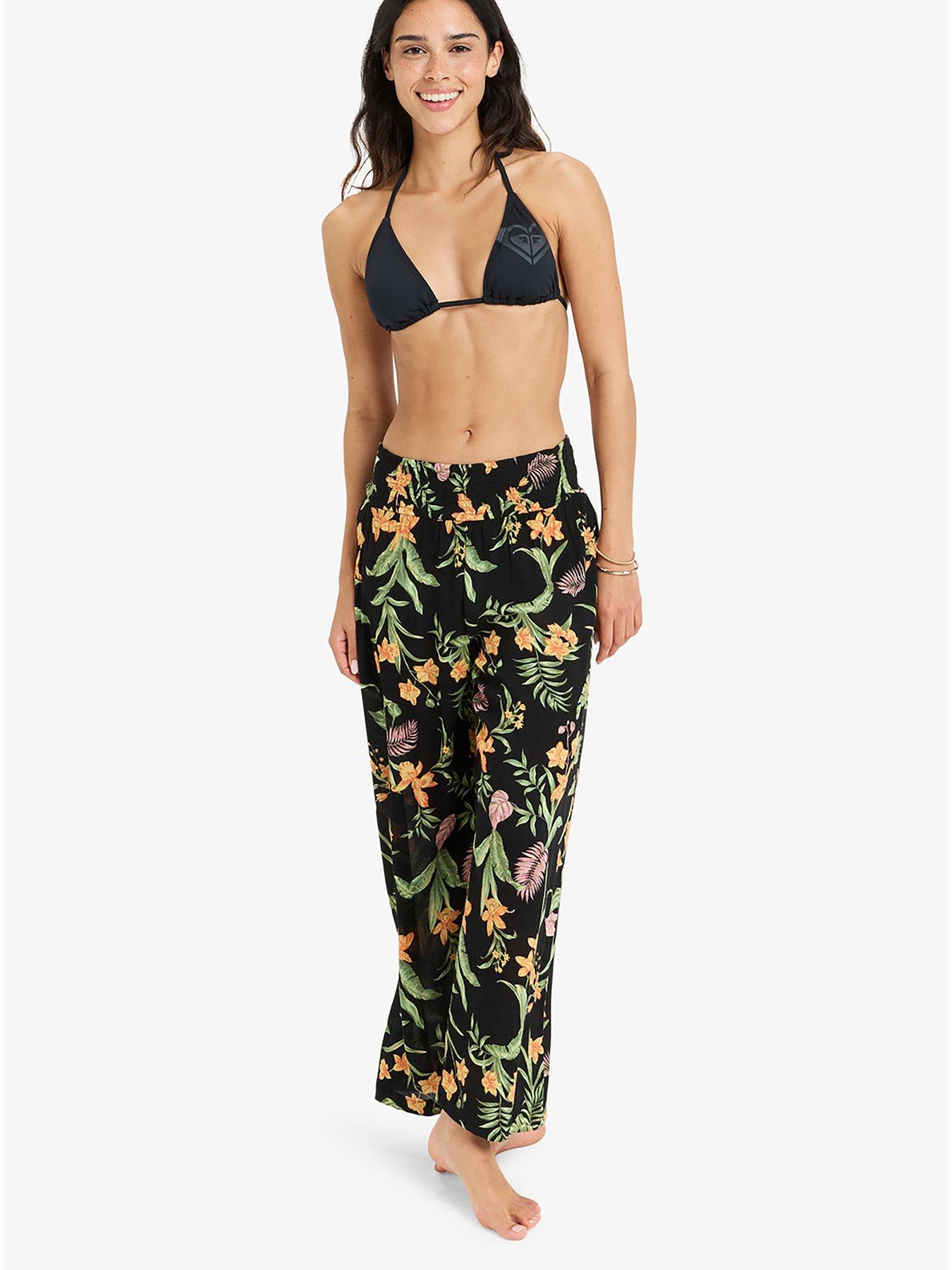 Roxy Womens Along The Beach Printed Pants Swim Coverup - Black