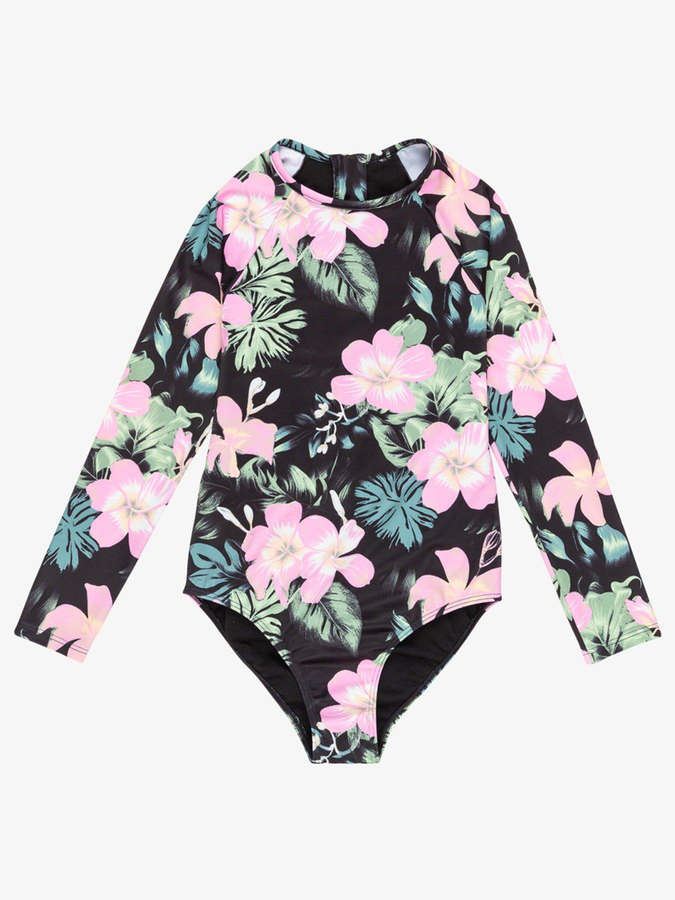 undefined Girls Shadow Floral All-In-One Rashguard Swimsuit - Black