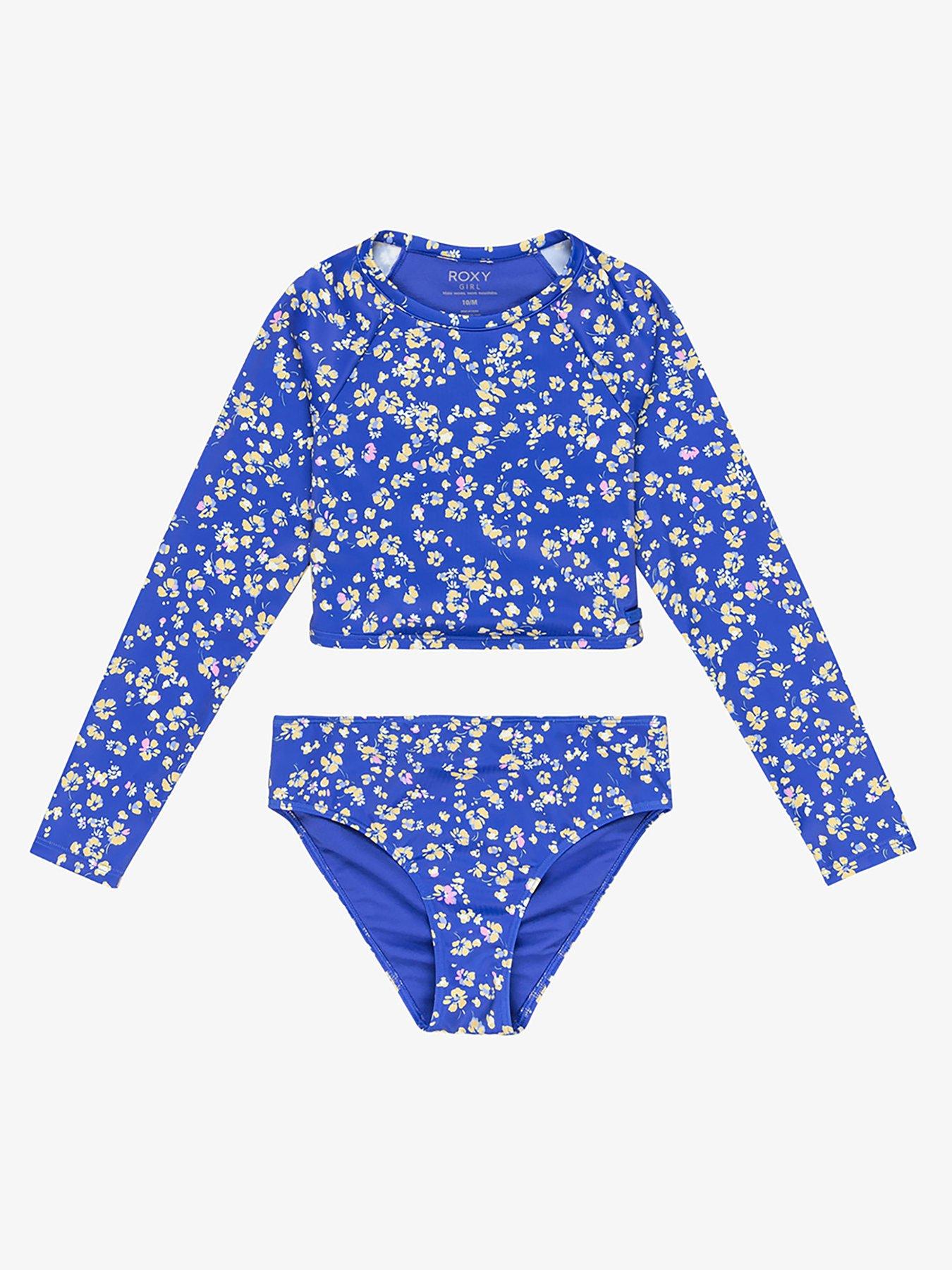 undefined Girls Shadow Floral Crop Lycra Rashguard Set - Blue