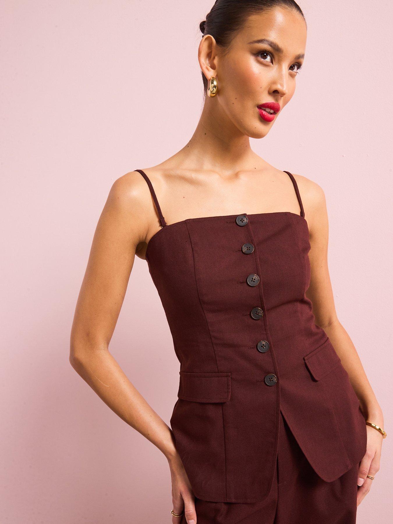  image of style-cheat-linen-strapless-waistcoat-chocolate