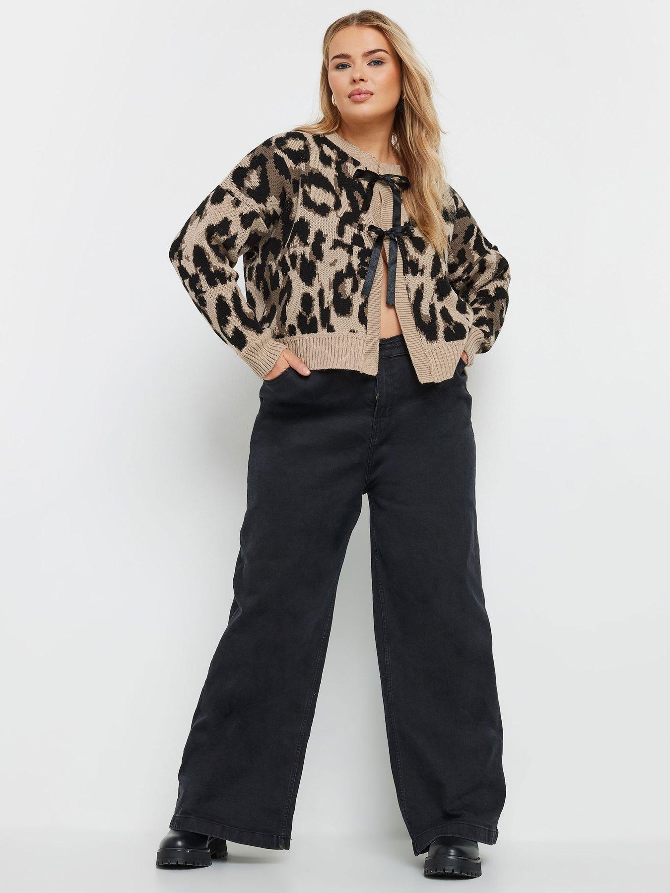 Image 3 of 4 of Yours Curve Leopard Satin Bow Cardigan - Brown