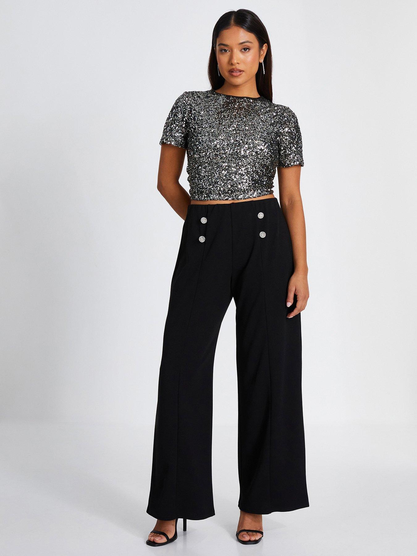 Quiz Velvet Button Front Palazzo Trousers Black littlewoods