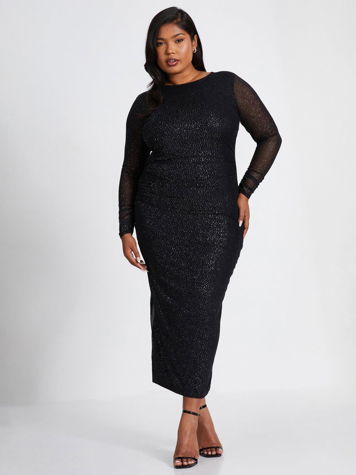 Quiz Curve Black Glitter Mesh Midaxi Dress | Littlewoods
