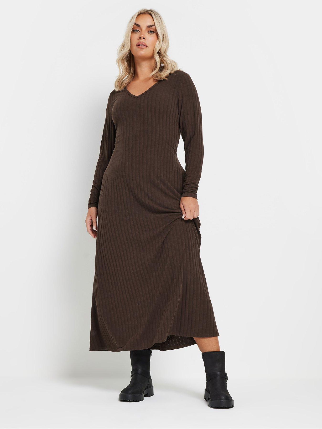 undefined Curve V Neck Rib Flare Dress - Brown