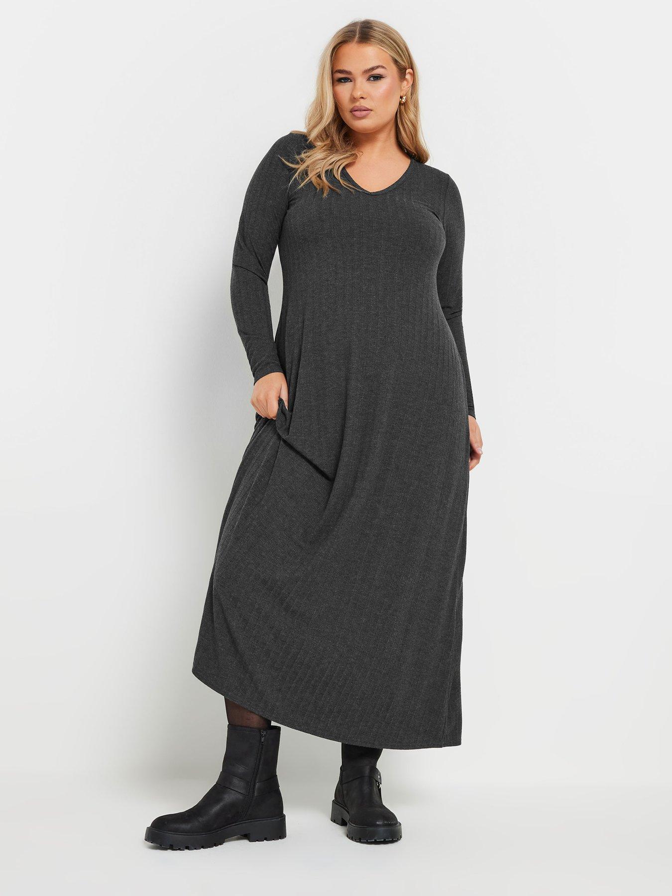 undefined Curve V Neck Rib Flare Dress - Grey