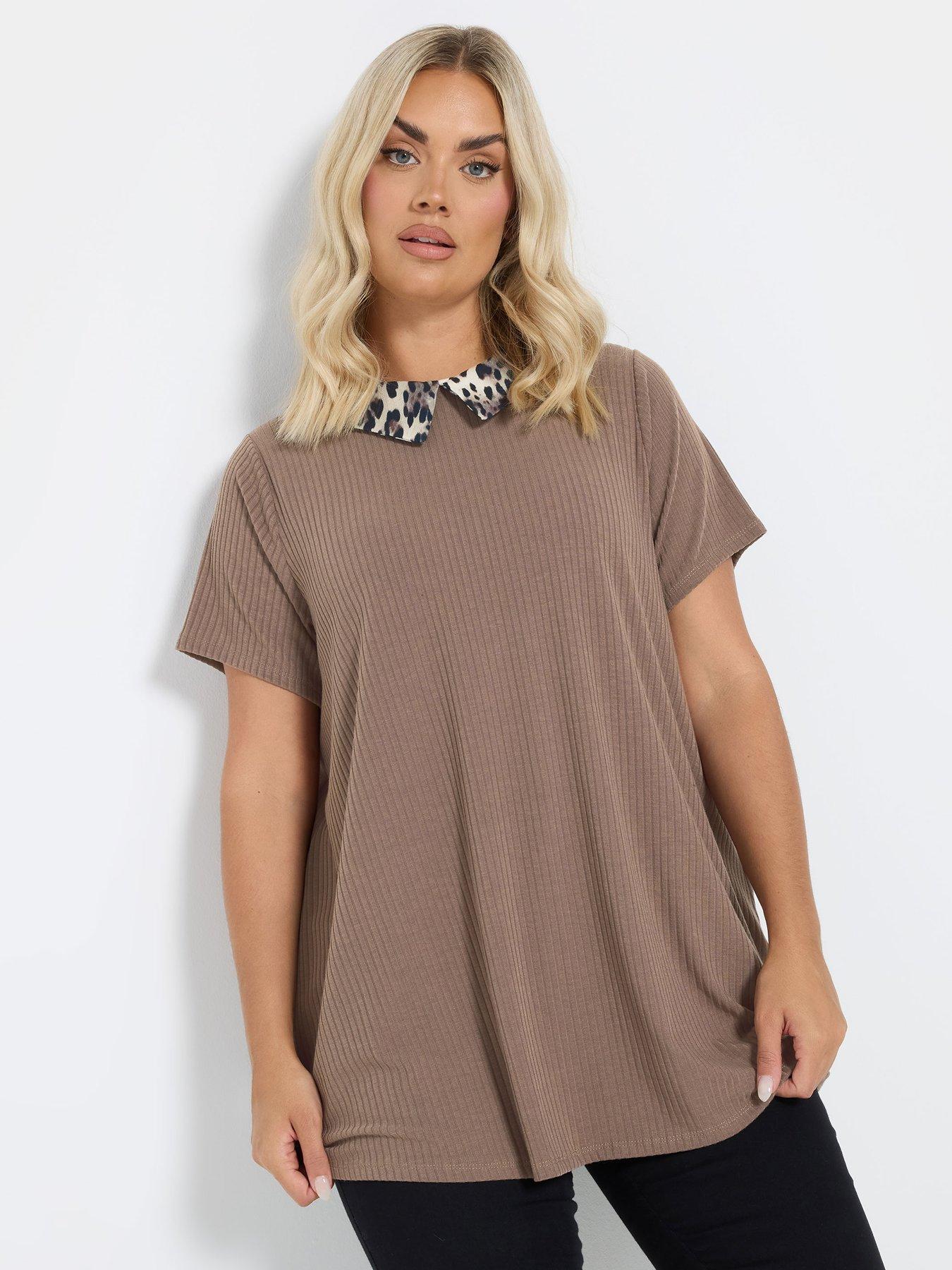 undefined Curve Collar Ribbed Swing T-shirt - Brown