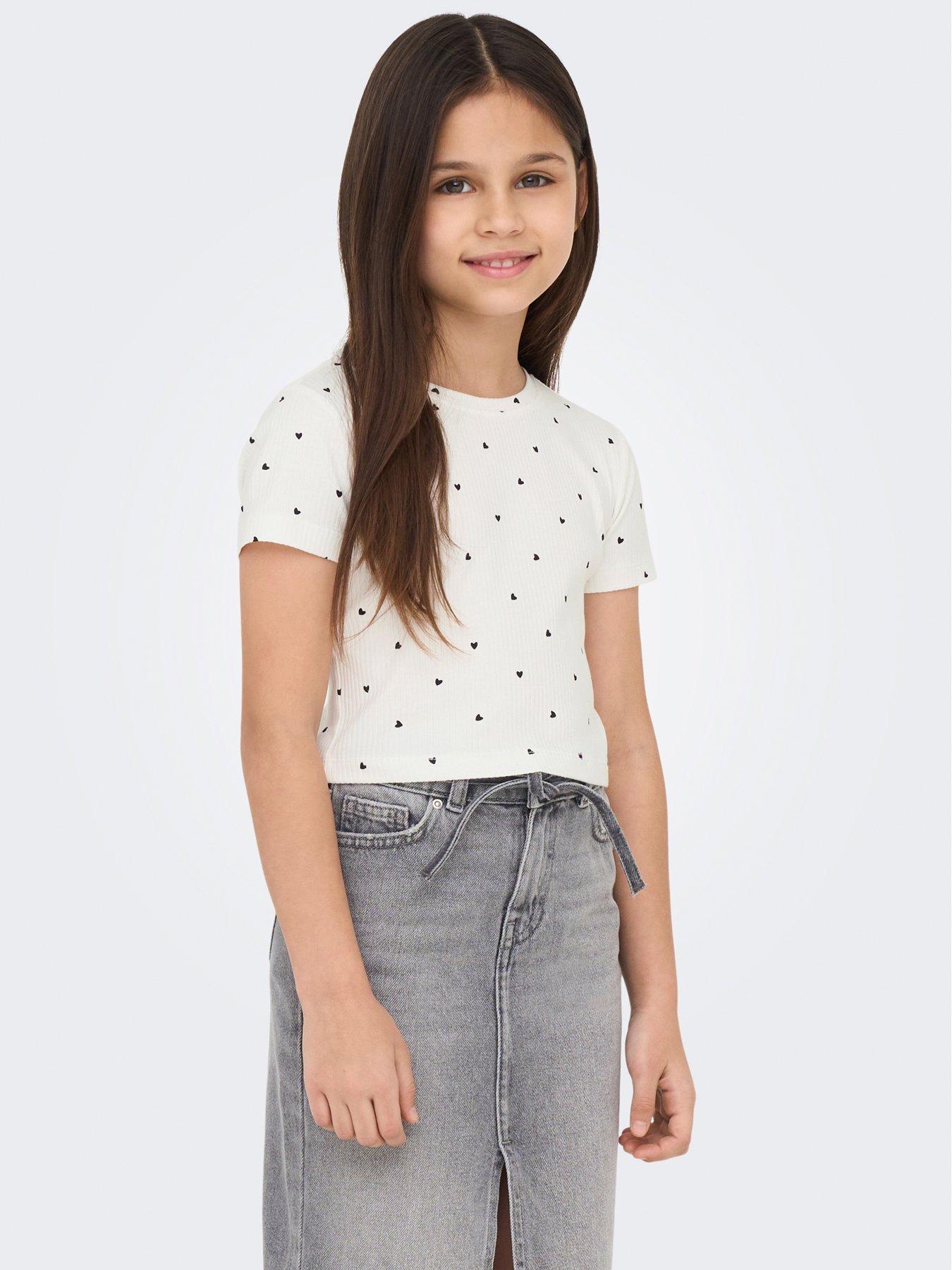 Only Kids Girls Heart Print Short Sleeve Tshirt - Cloud Dancer