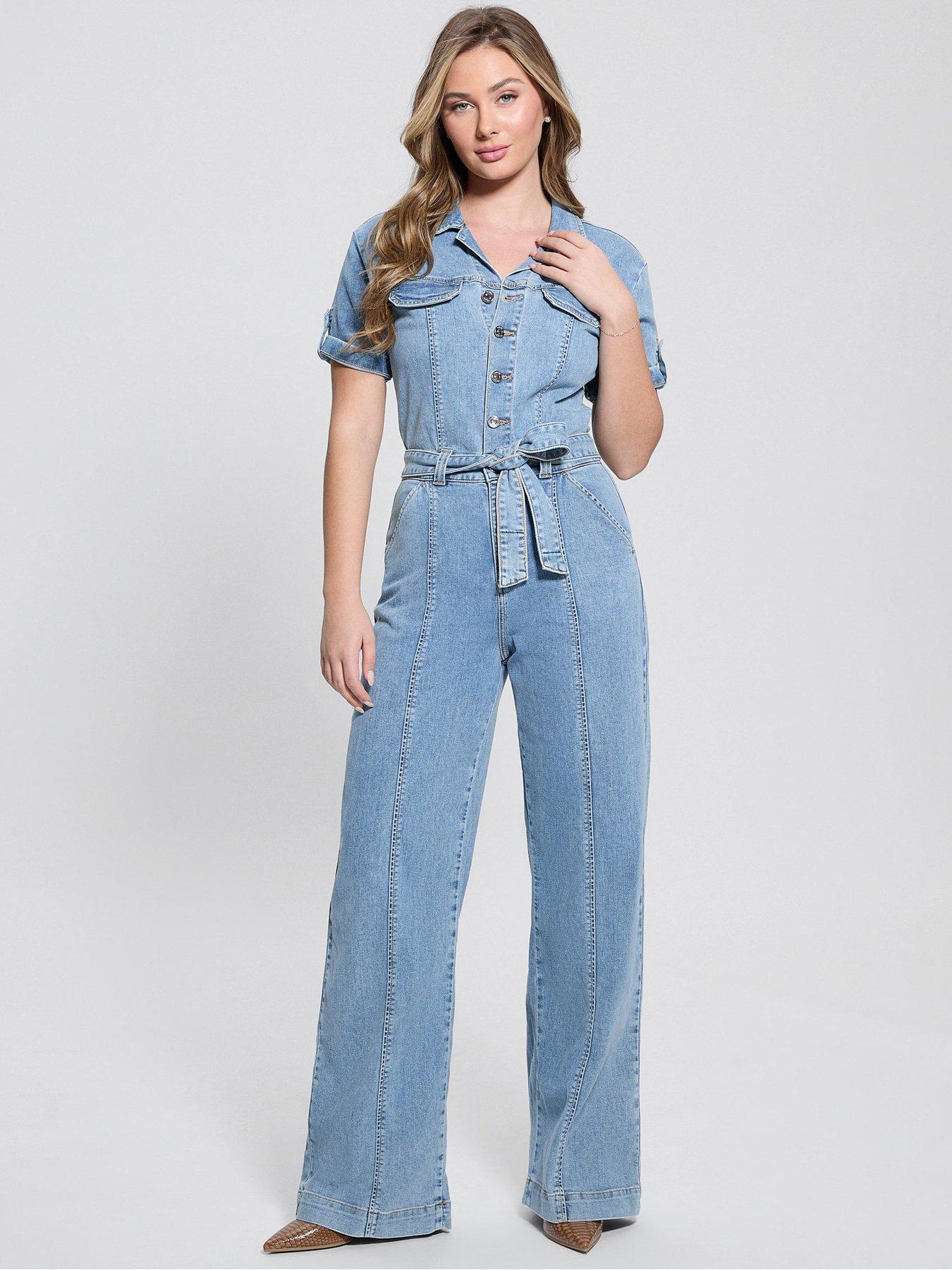 Image 1 of 3 of Guess Parker Short Sleeve Denim Jumpsuit - Blue