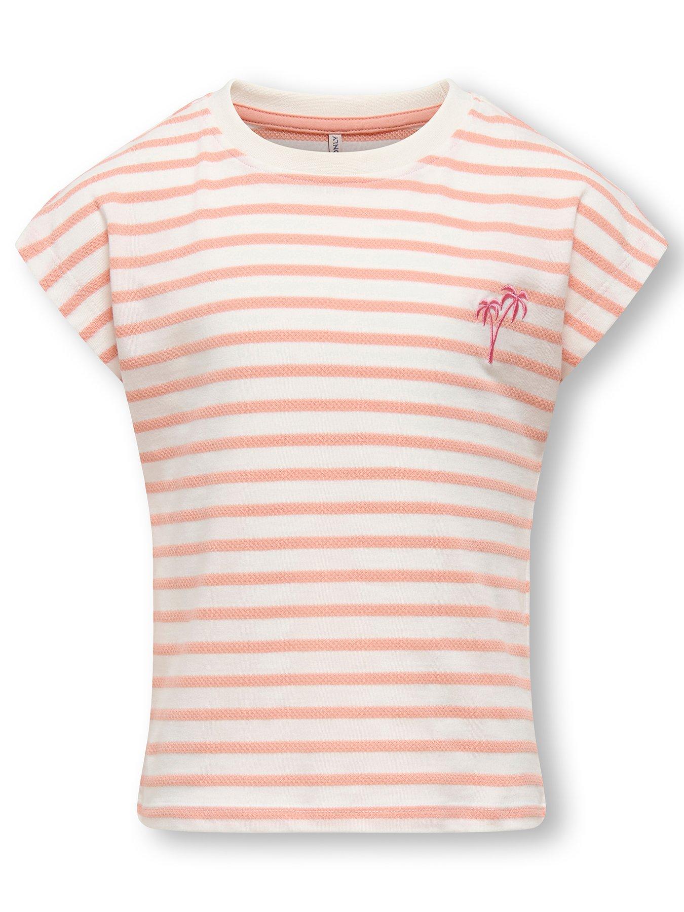 Only Kids Girls Stripe Short Sleeve Tshirt - Salmon Camelia Rose