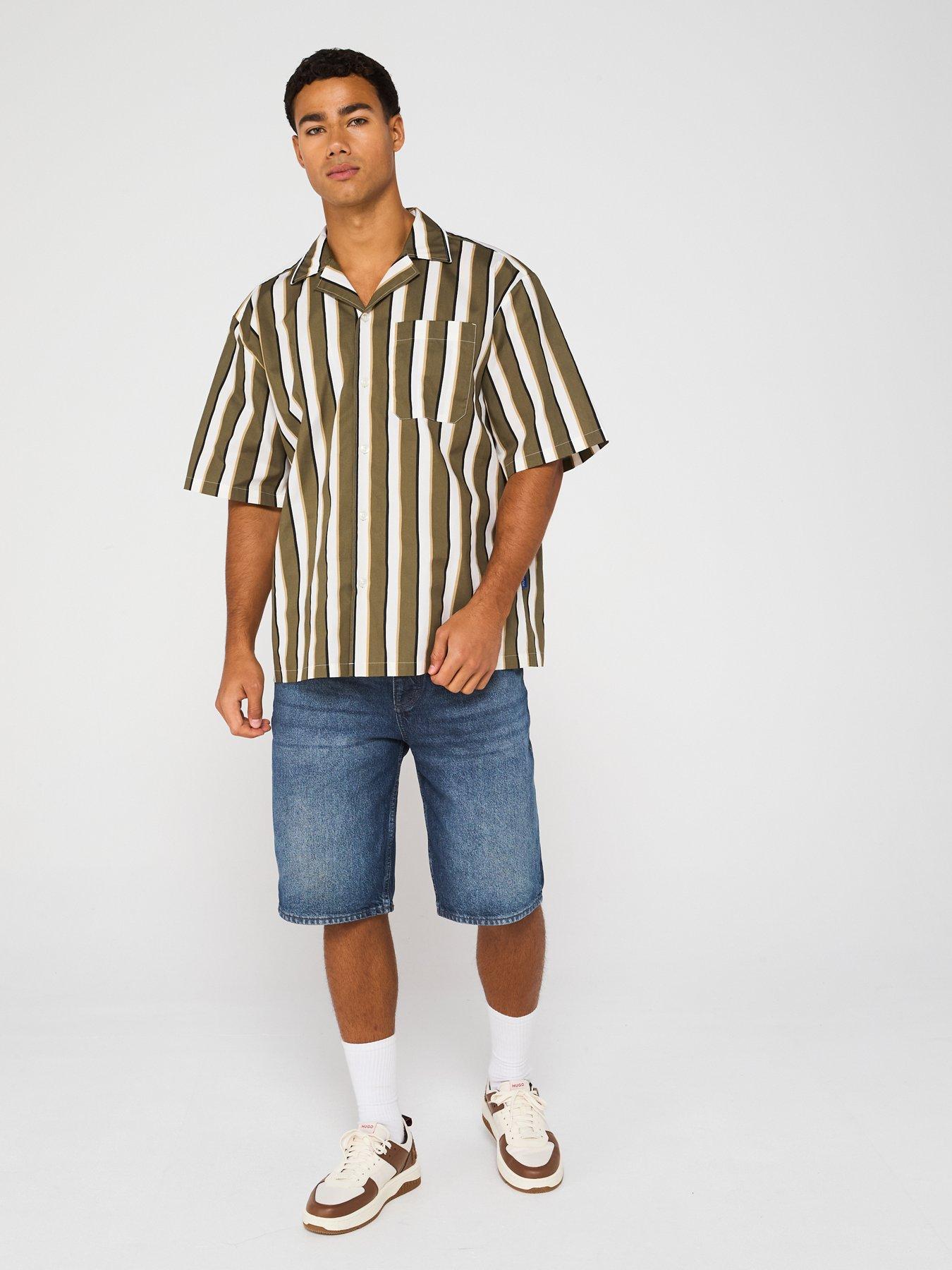  image of hugo-blue-eligino-relaxed-striped-short-sleeve-shirt-green