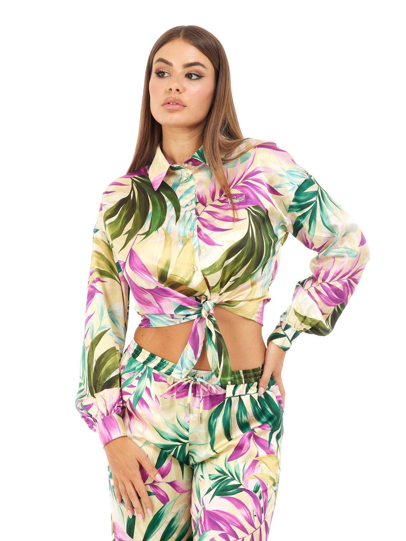 Guess Long Sleeve Cropped Satin Shirt - Green
