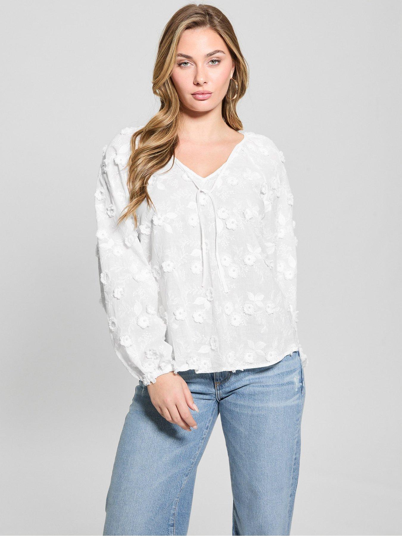 Guess Long Sleeve Pelari Floral Embroidered Top - White