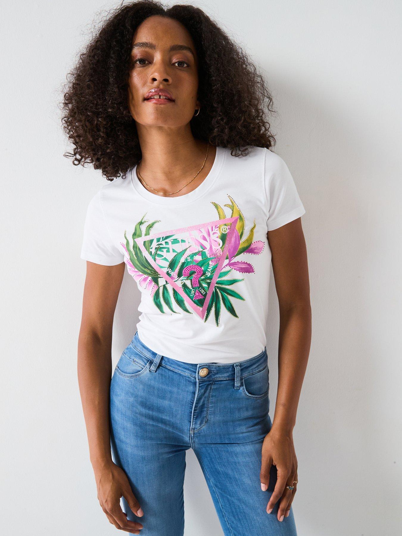 Image 1 of 6 of Guess Short Sleeve Leaf Triangle T-Shirt - White