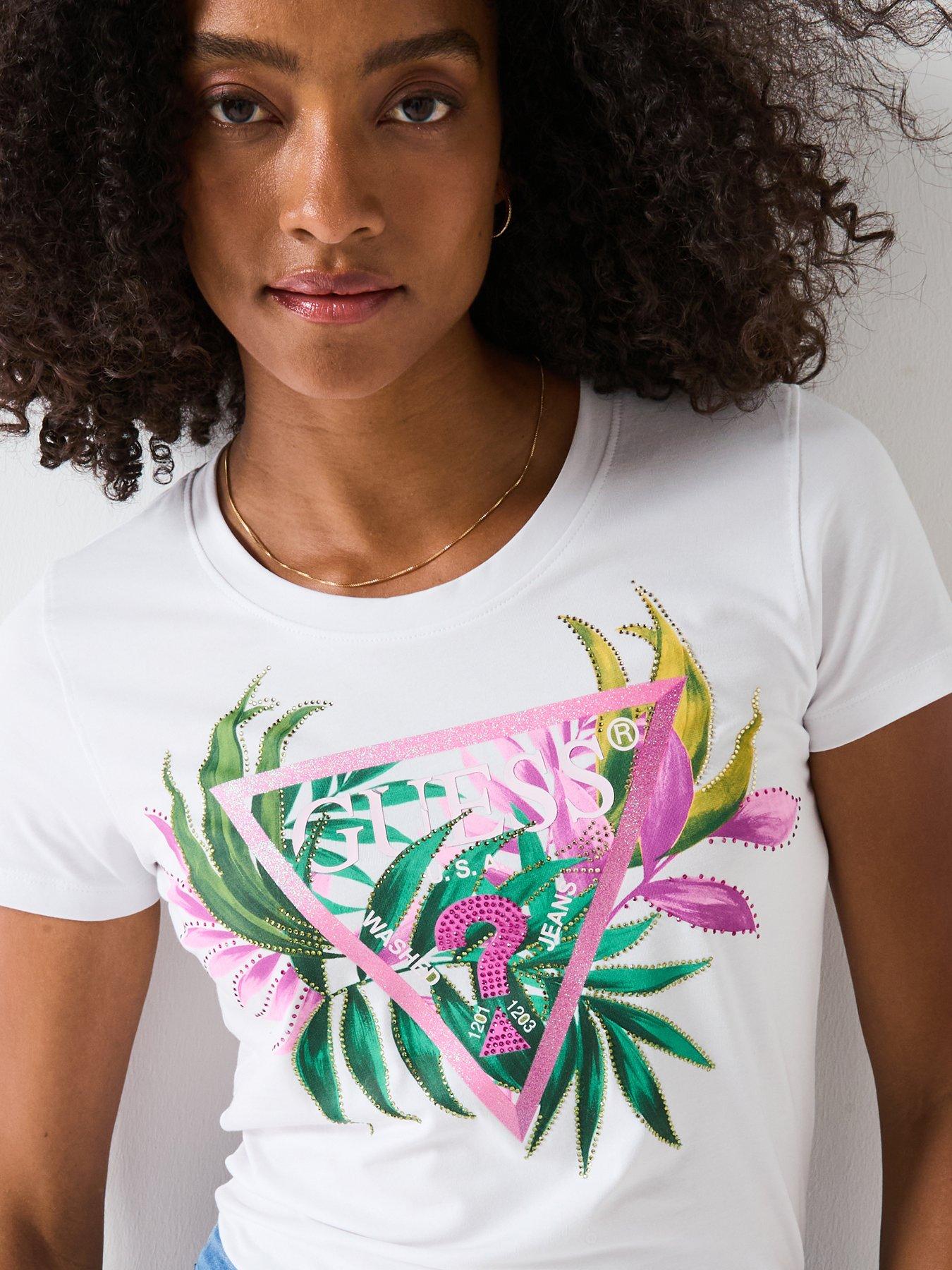 Image 4 of 6 of Guess Short Sleeve Leaf Triangle T-Shirt - White