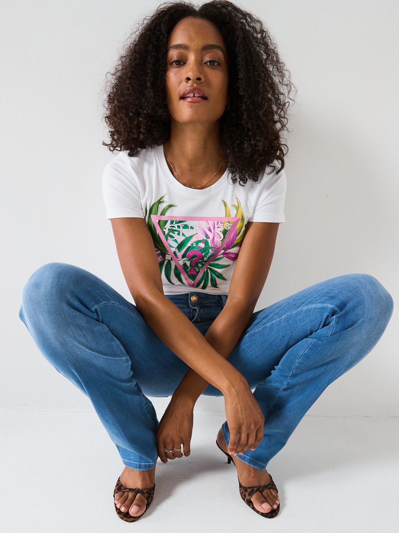 Image 6 of 6 of Guess Short Sleeve Leaf Triangle T-Shirt - White