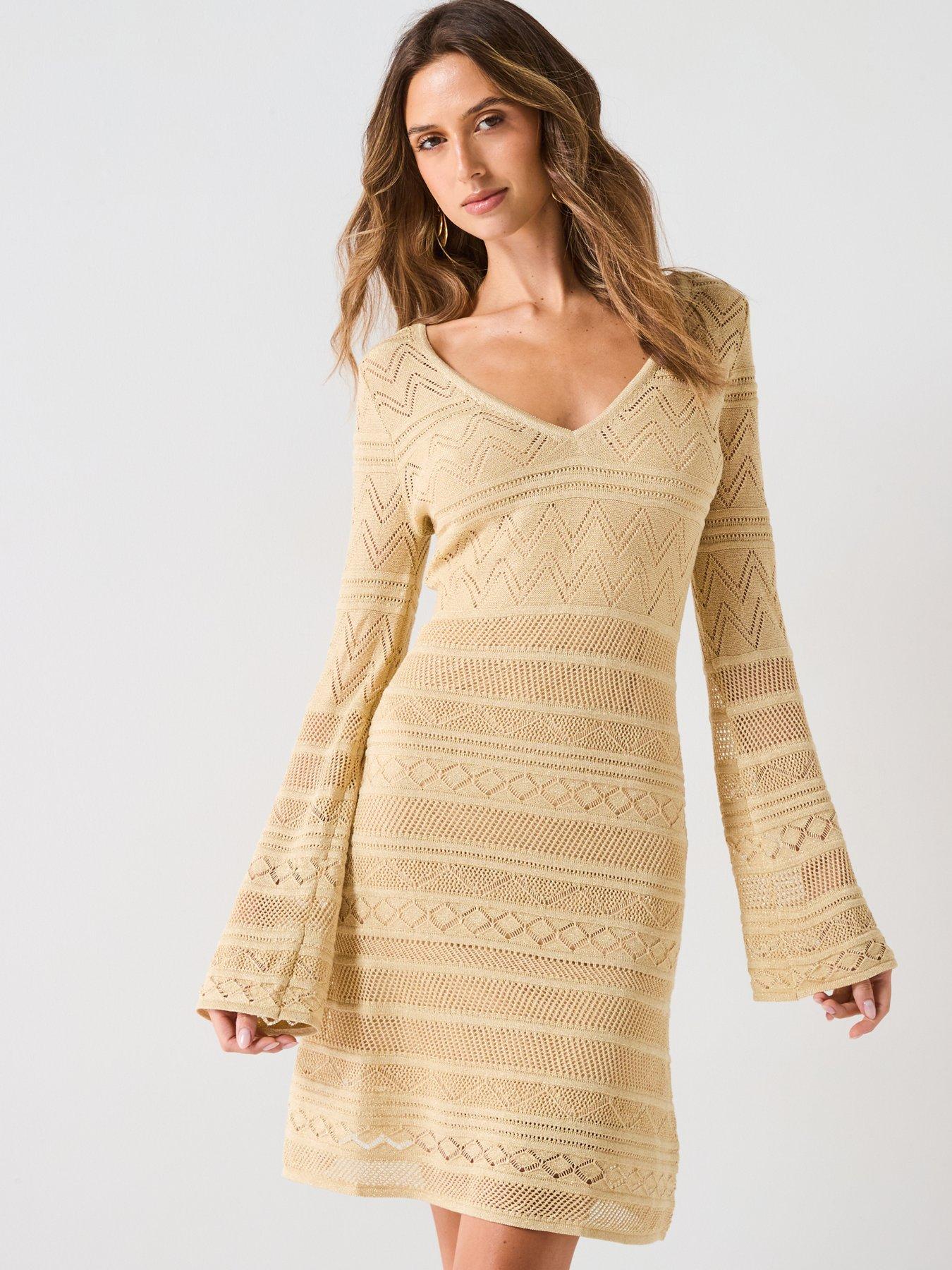 Guess Nellie Long Sleeve V Neck Knitted Dress  - Gold