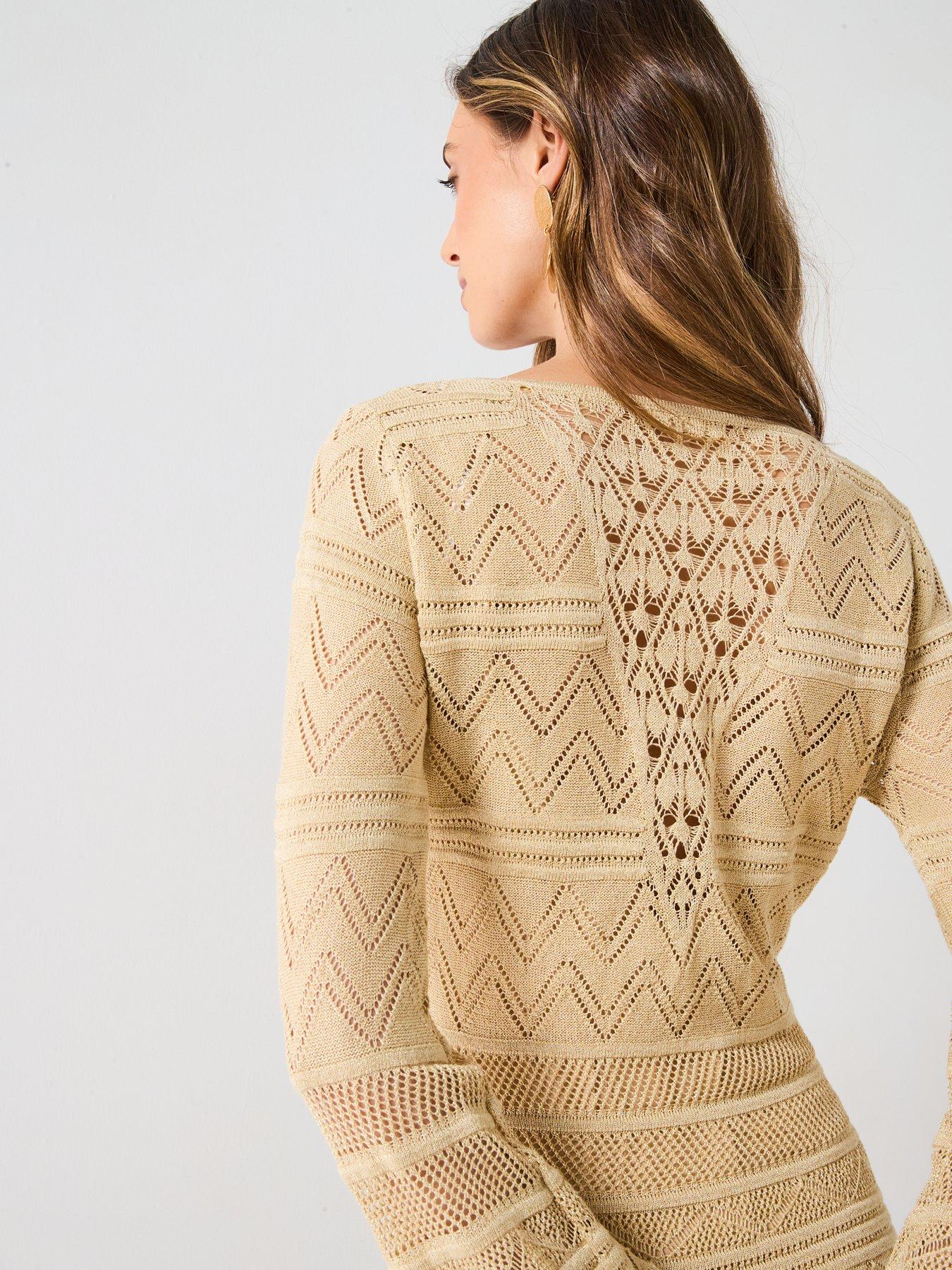 Image 5 of 6 of Guess Nellie Long Sleeve V Neck Knitted Dress &nbsp;- Gold