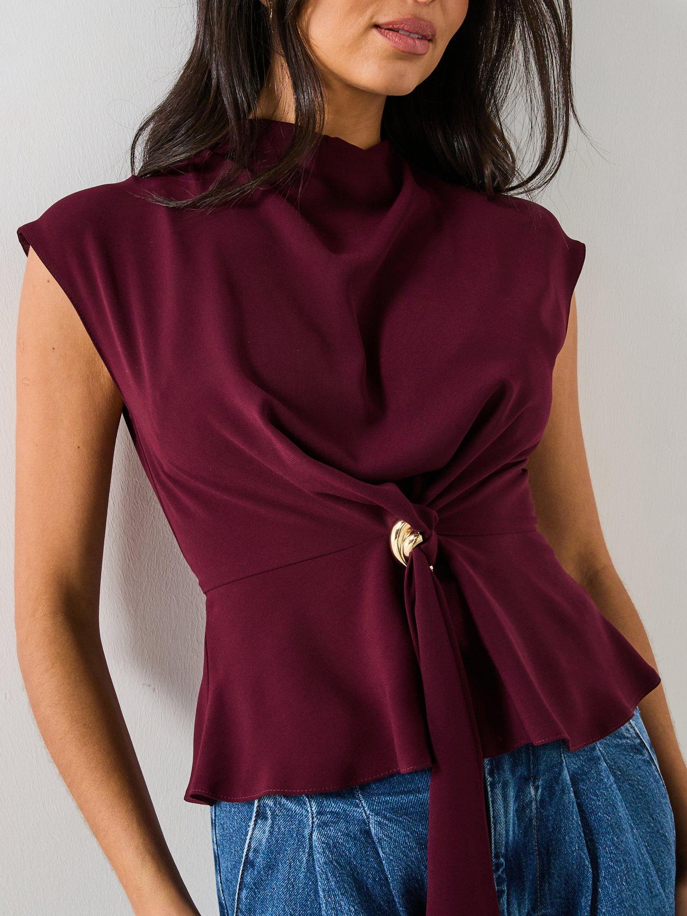  image of v-by-very-tie-front-cap-sleeve-top-burgundy