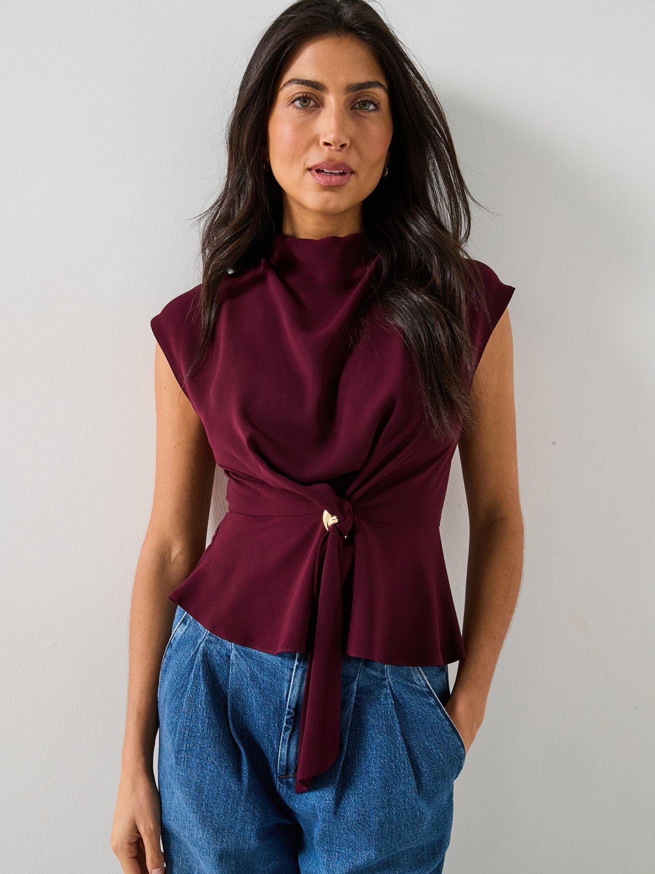 image of v-by-very-tie-front-cap-sleeve-top-burgundy