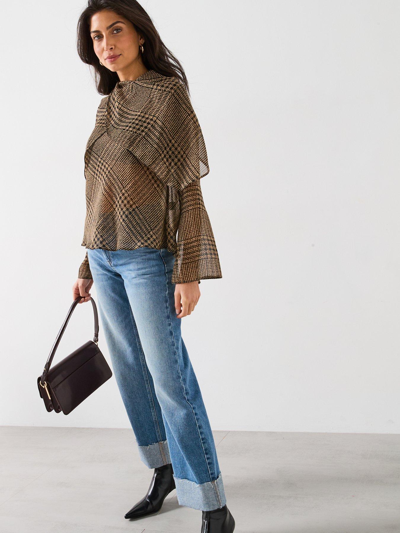  image of v-by-very-check-drape-blouse-brown