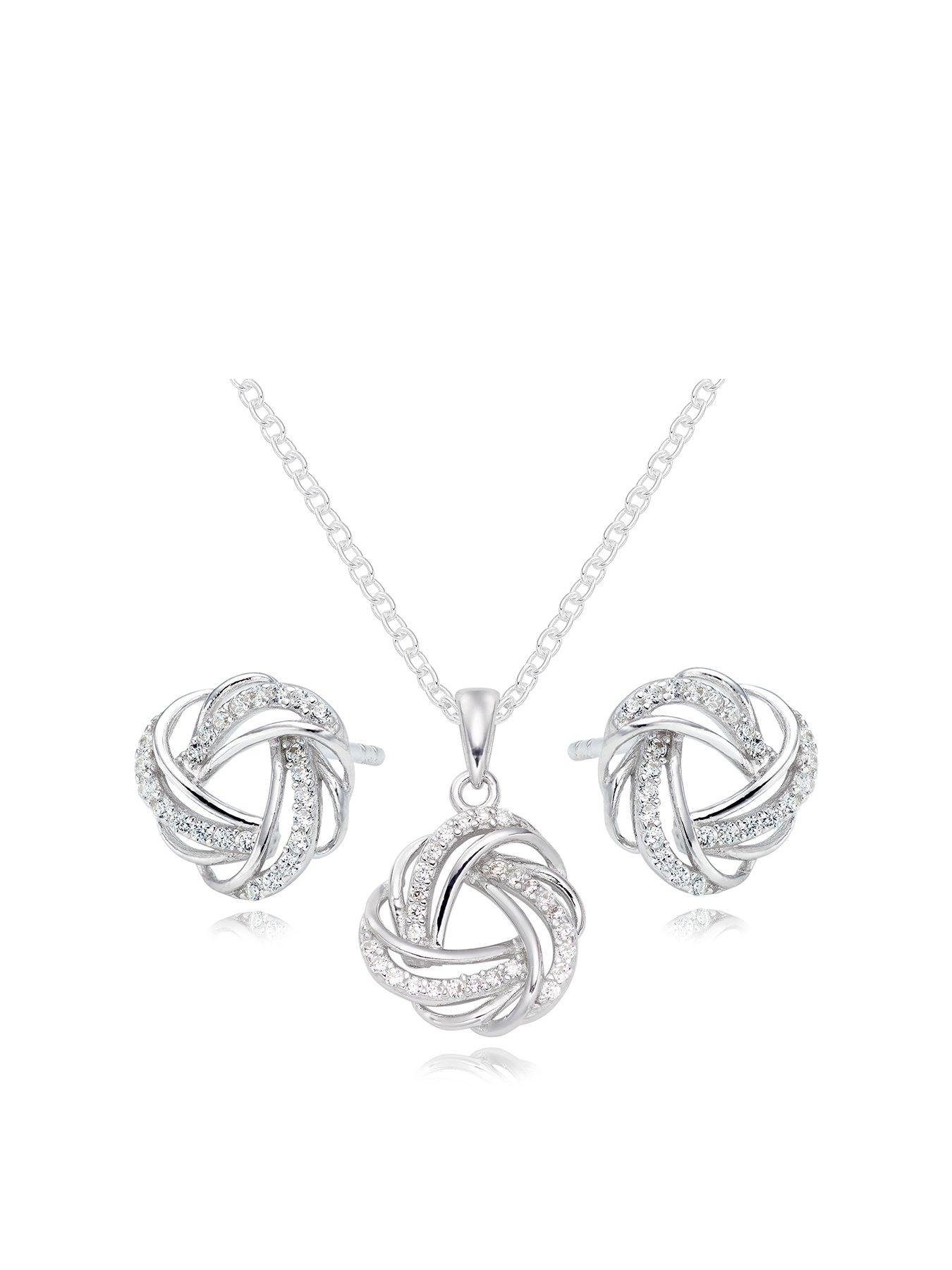  image of beaverbrooks-sterling-silver-cubic-zirconia-knot-pendant-and-earrings-set