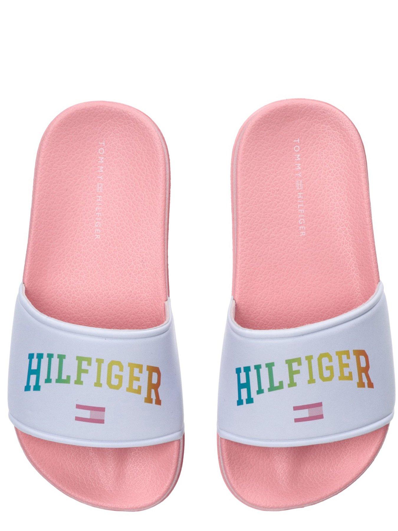  image of tommy-hilfiger-girls-logo-print-pool-slide-pink