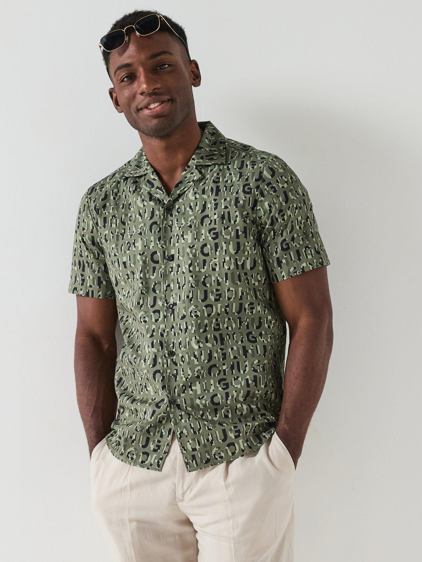 front image of hugo-ellino-relaxed-all-over-logo-short-sleeve-shirt-open-green