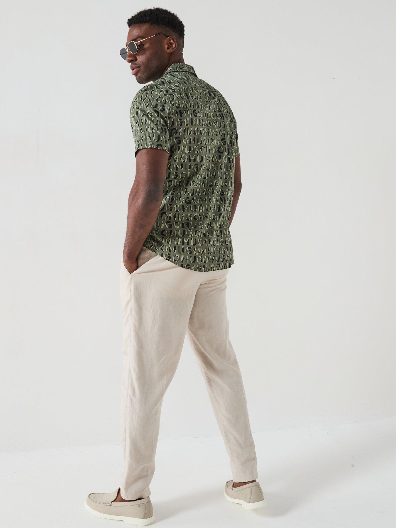 stillFront image of hugo-ellino-relaxed-all-over-logo-short-sleeve-shirt-open-green