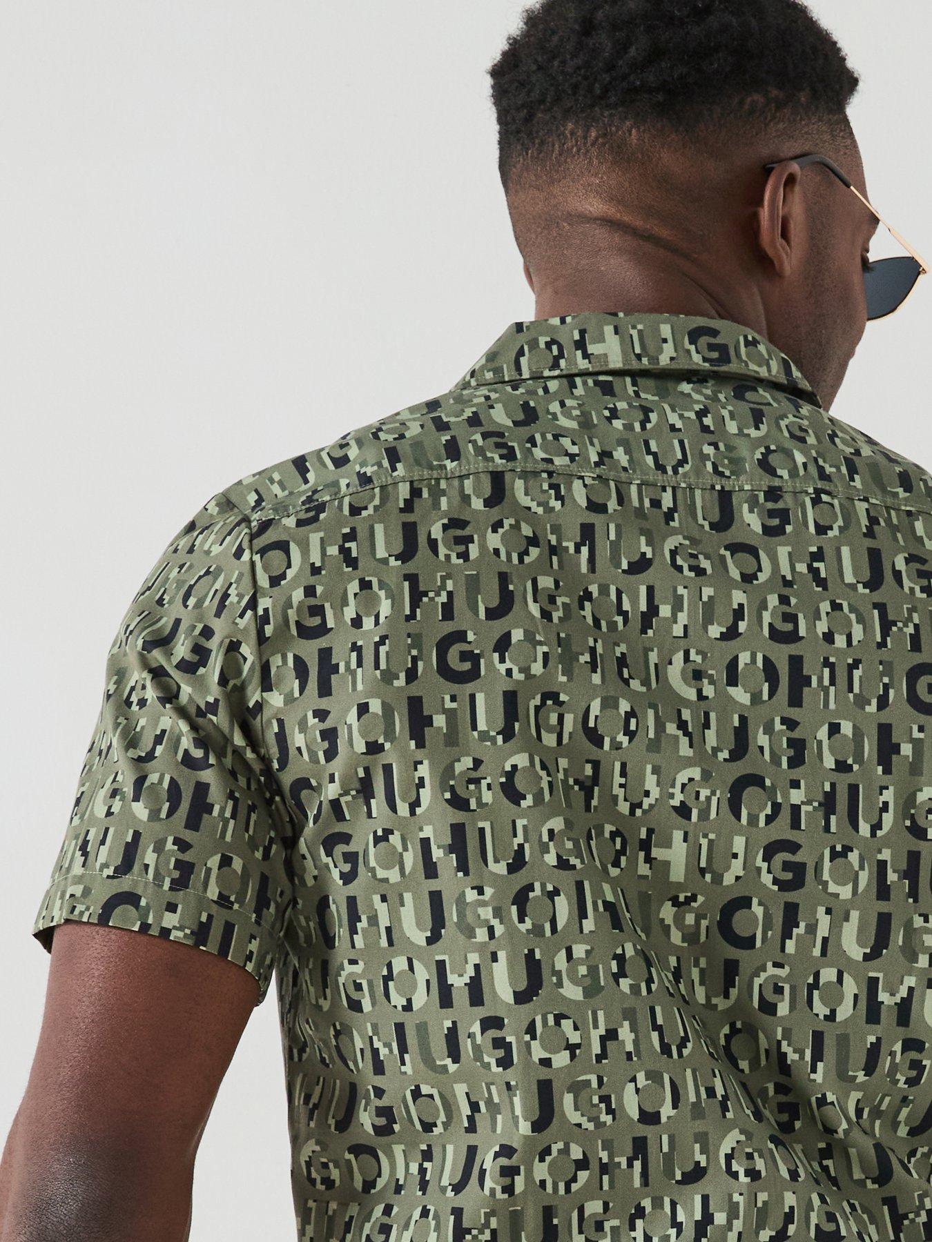  image of hugo-ellino-relaxed-all-over-logo-short-sleeve-shirt-open-green