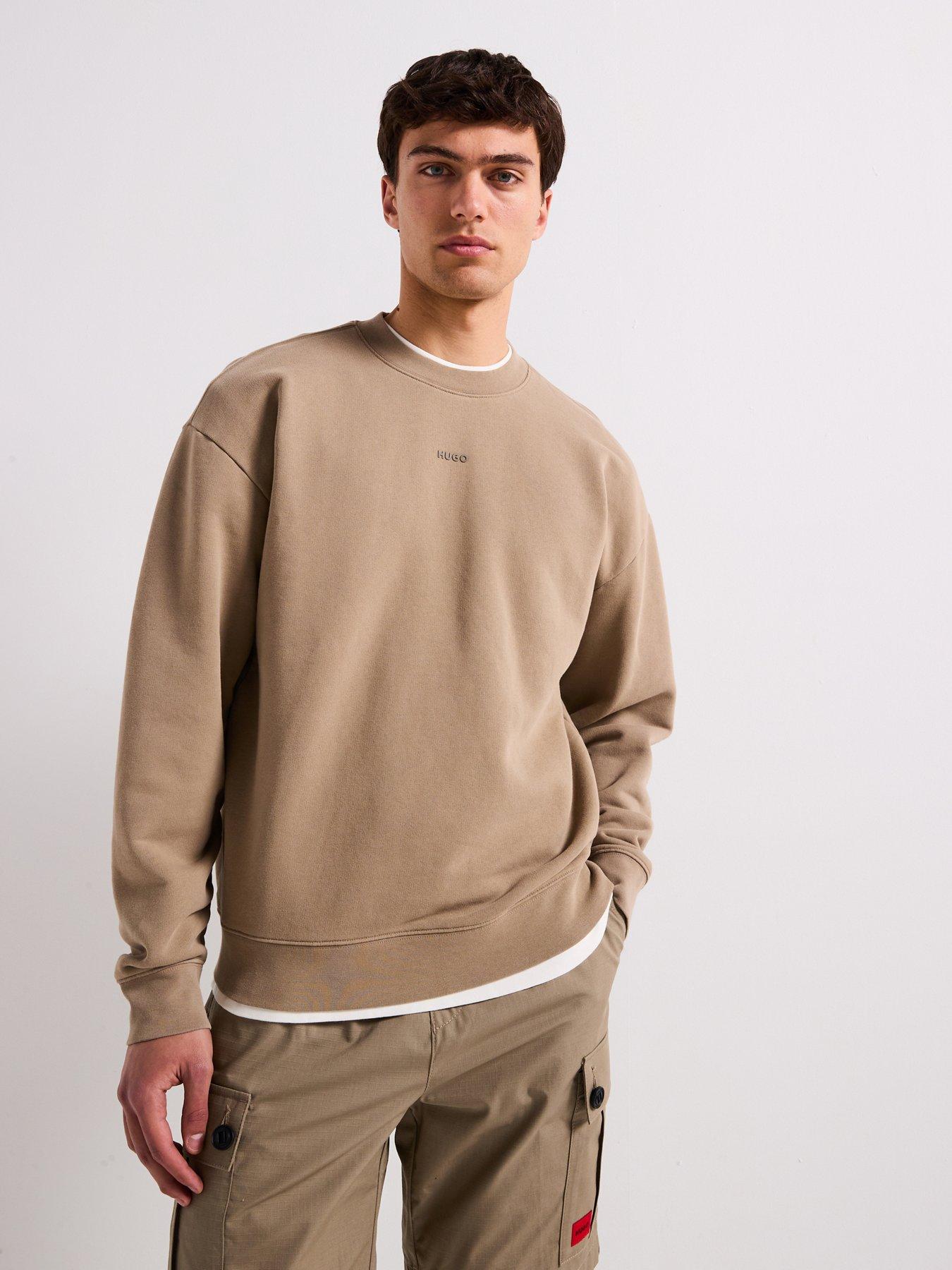  image of hugo-dopaly-relaxed-washed-small-logo-crew-neck-sweatshirt-brown