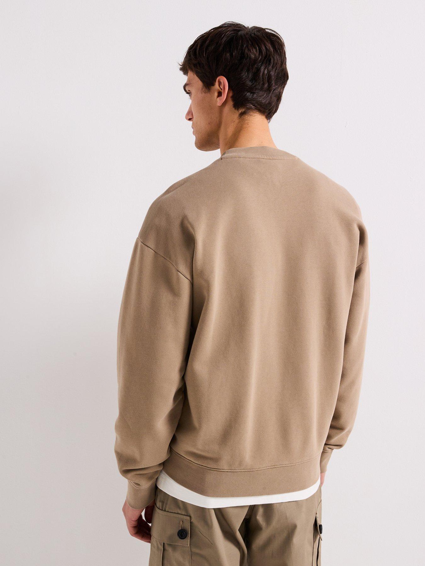  image of hugo-dopaly-relaxed-washed-small-logo-crew-neck-sweatshirt-brown