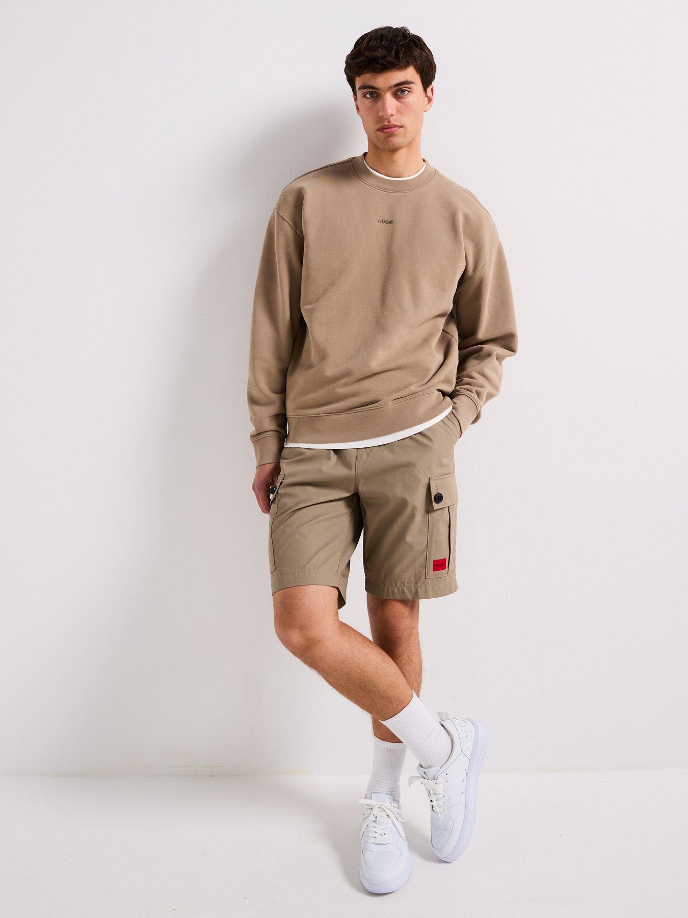  image of hugo-dopaly-relaxed-washed-small-logo-crew-neck-sweatshirt-brown