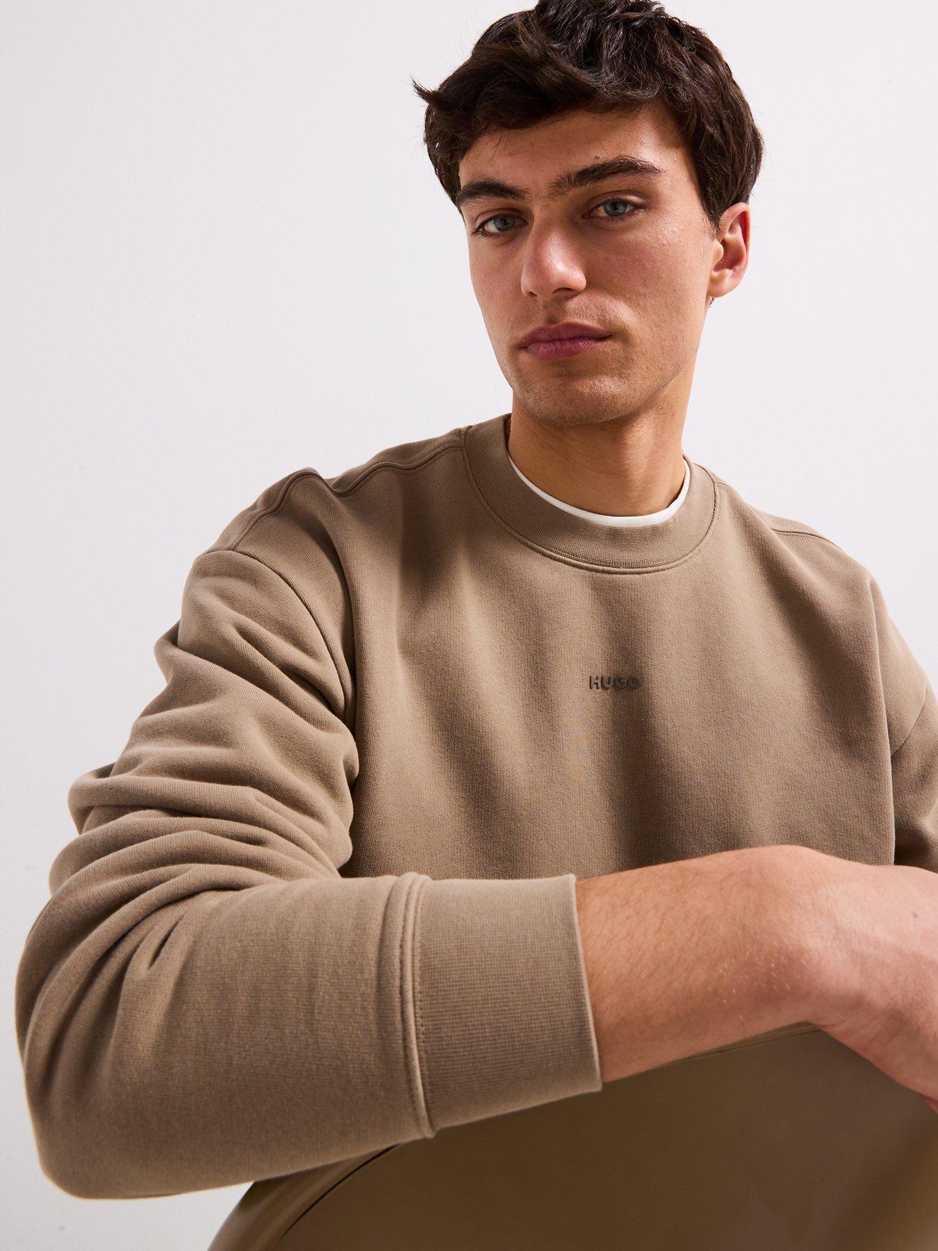  image of hugo-dopaly-relaxed-washed-small-logo-crew-neck-sweatshirt-brown