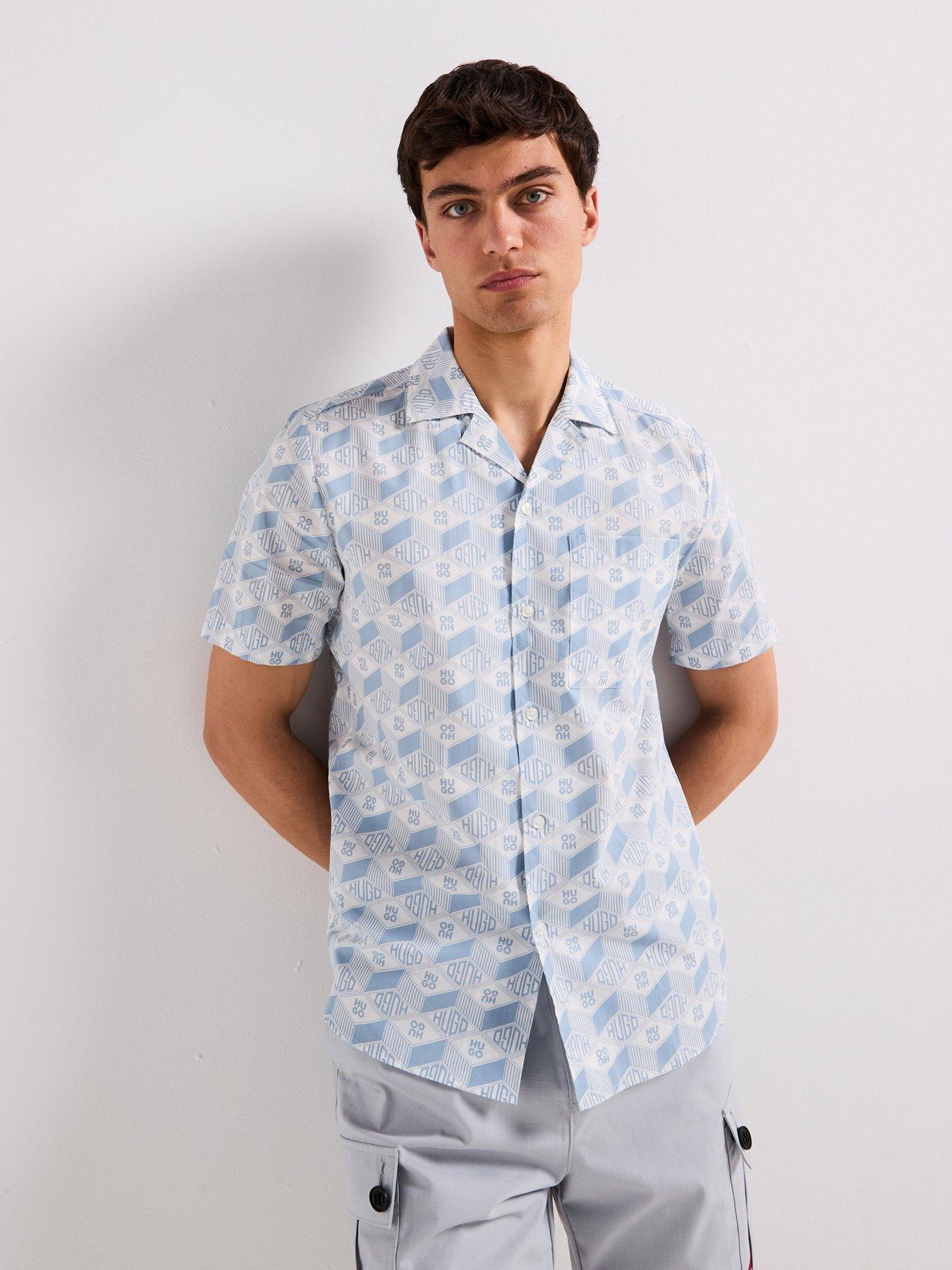 image of hugo-ellino-relaxed-all-over-geo-logo-short-sleeve-shirt-blue