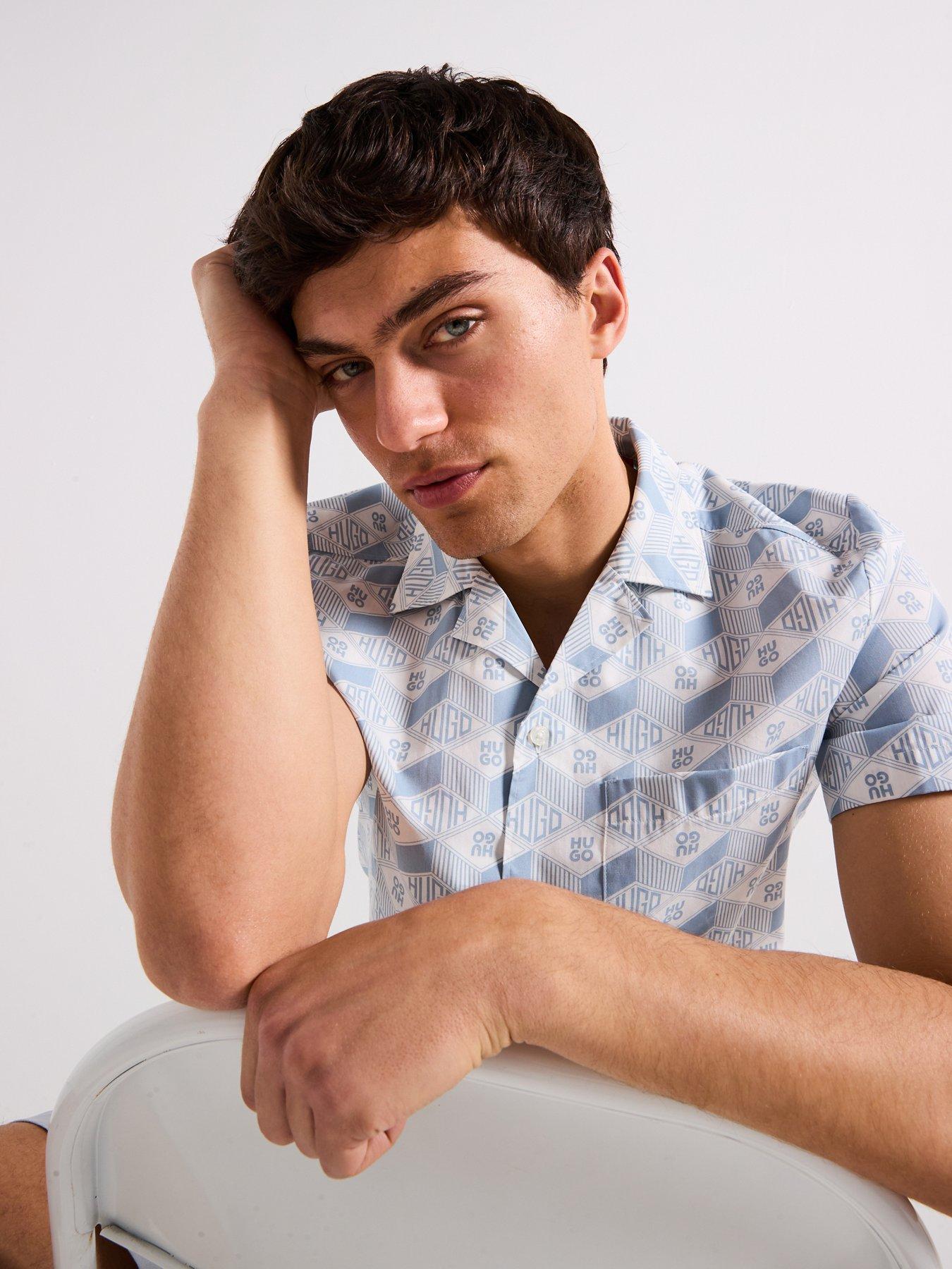  image of hugo-ellino-relaxed-all-over-geo-logo-short-sleeve-shirt-blue