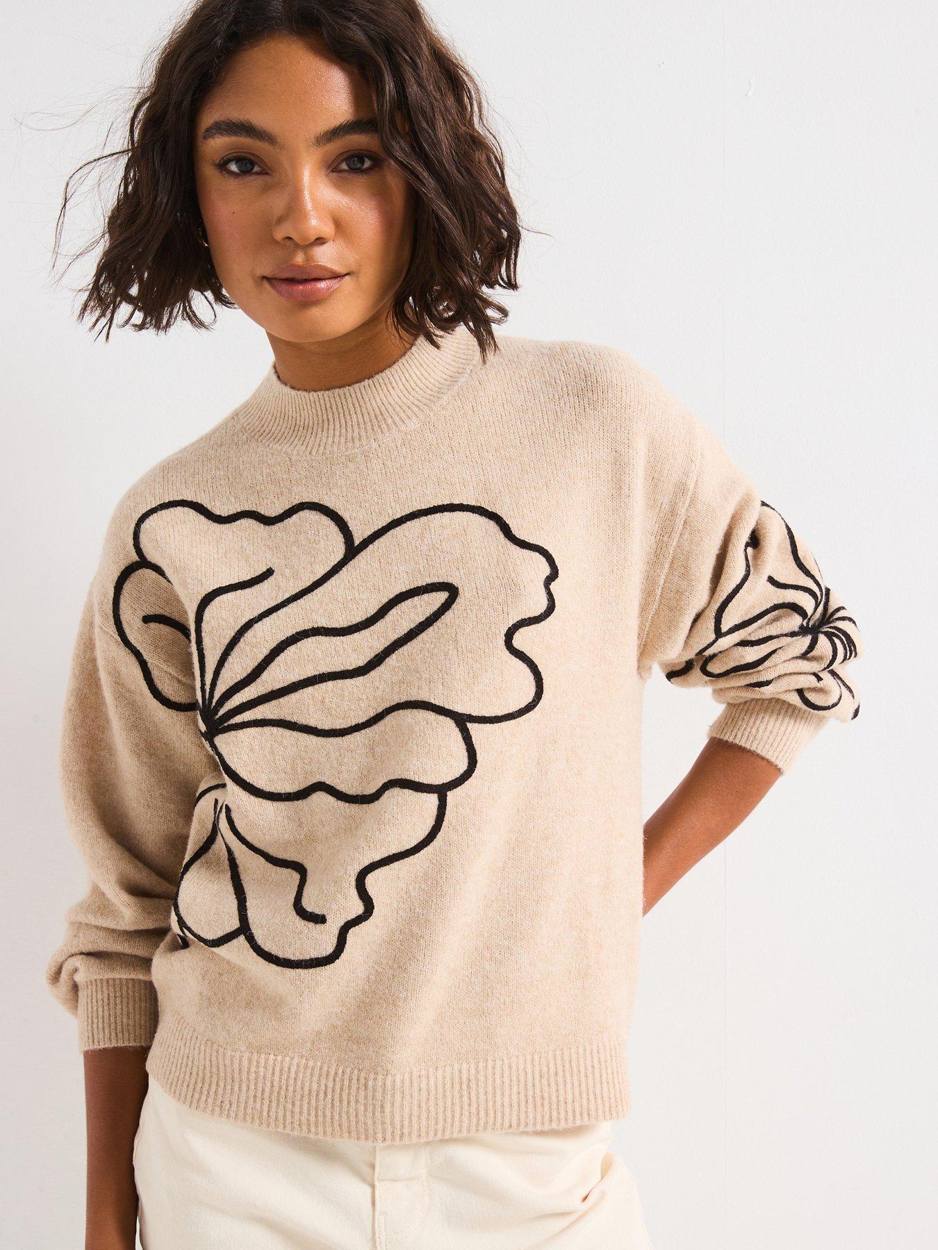 jdy-long-sleeve-flower-knitted-jumper-brown