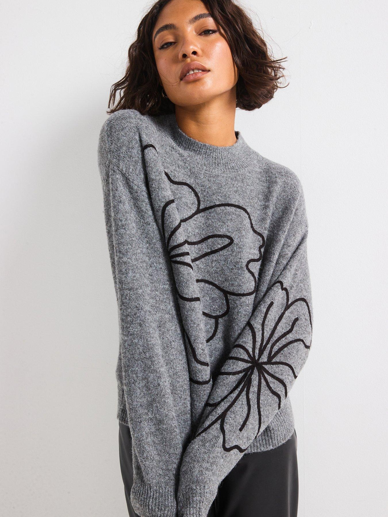 jdy-long-sleeve-flower-knitted-jumper-dark-grey