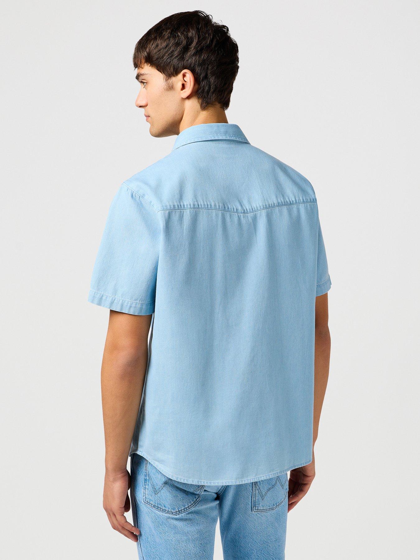  image of wrangler-short-sleeve-denim-western-shirt-light-blue